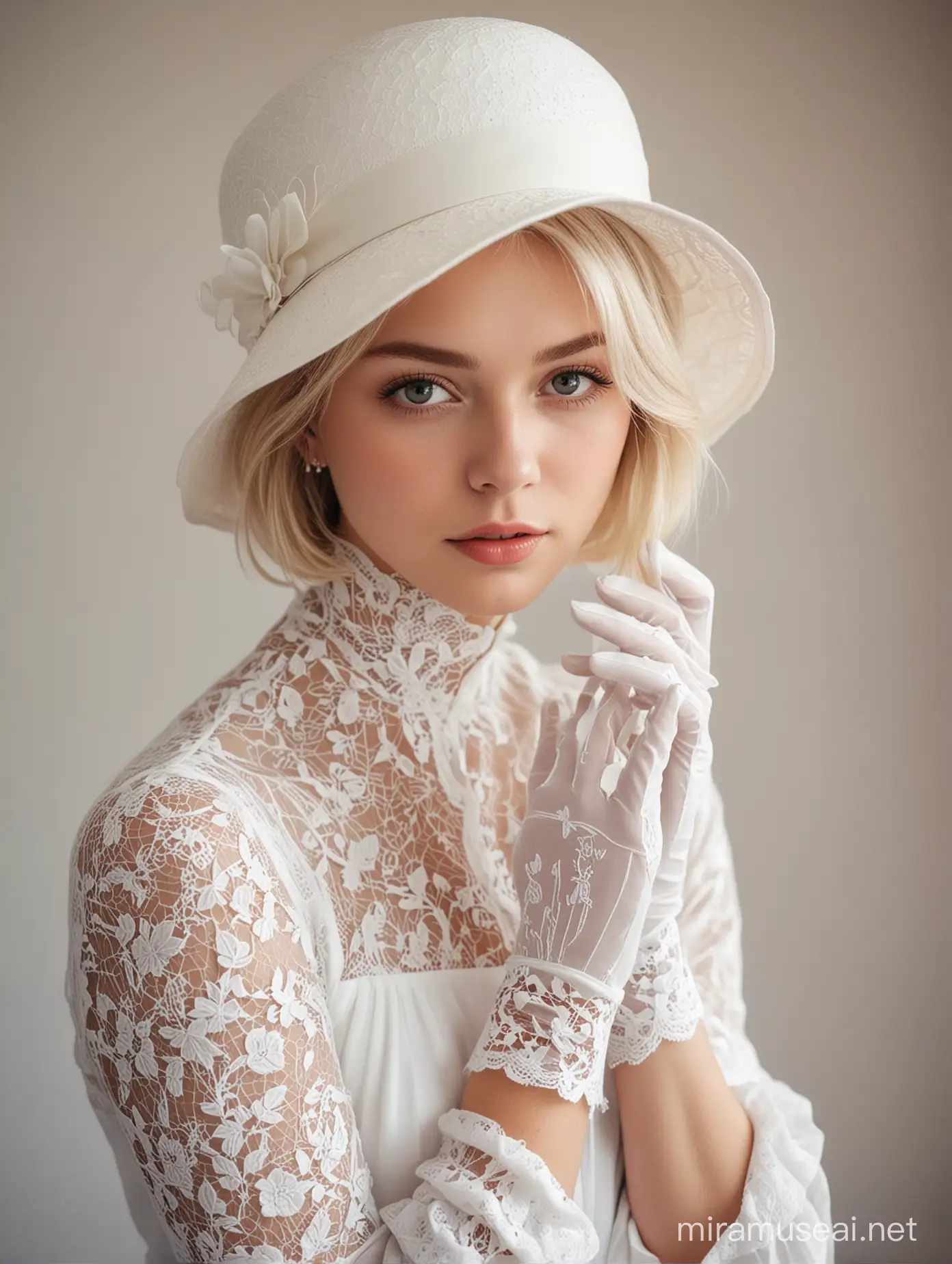 Portrait of a Girl in Elegant White Attire with Lace Gloves and Hat