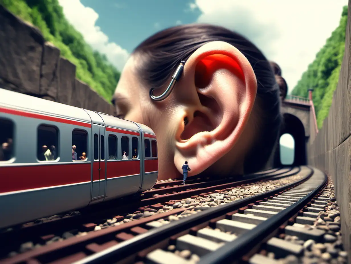 A gigantic human ear. A tiny train on a tiny railroad entering over a bridge to a tunnel inside the ear
