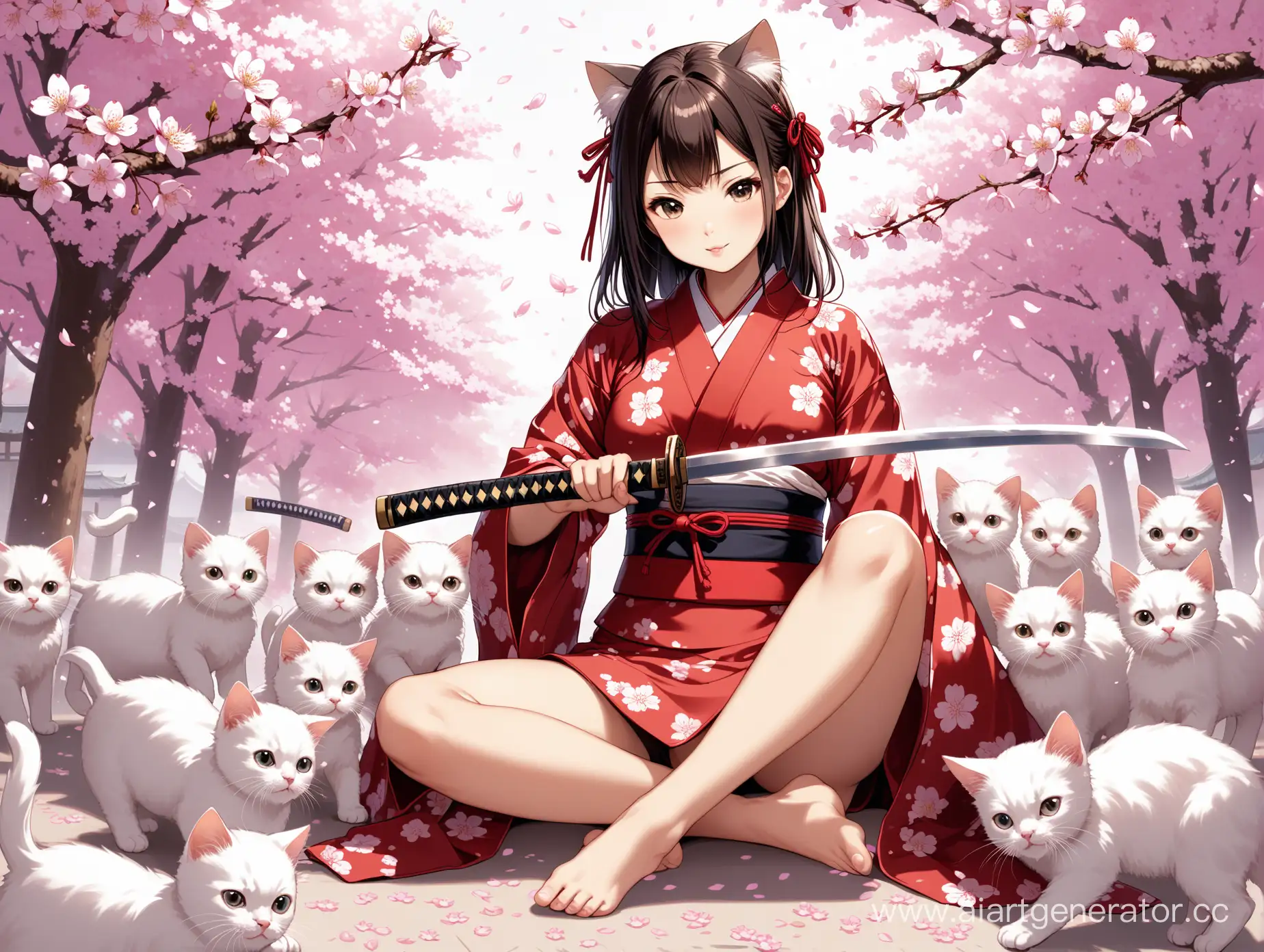 Японская девушка с катаной у ног в окружении котят на фоне цветущей сакуры