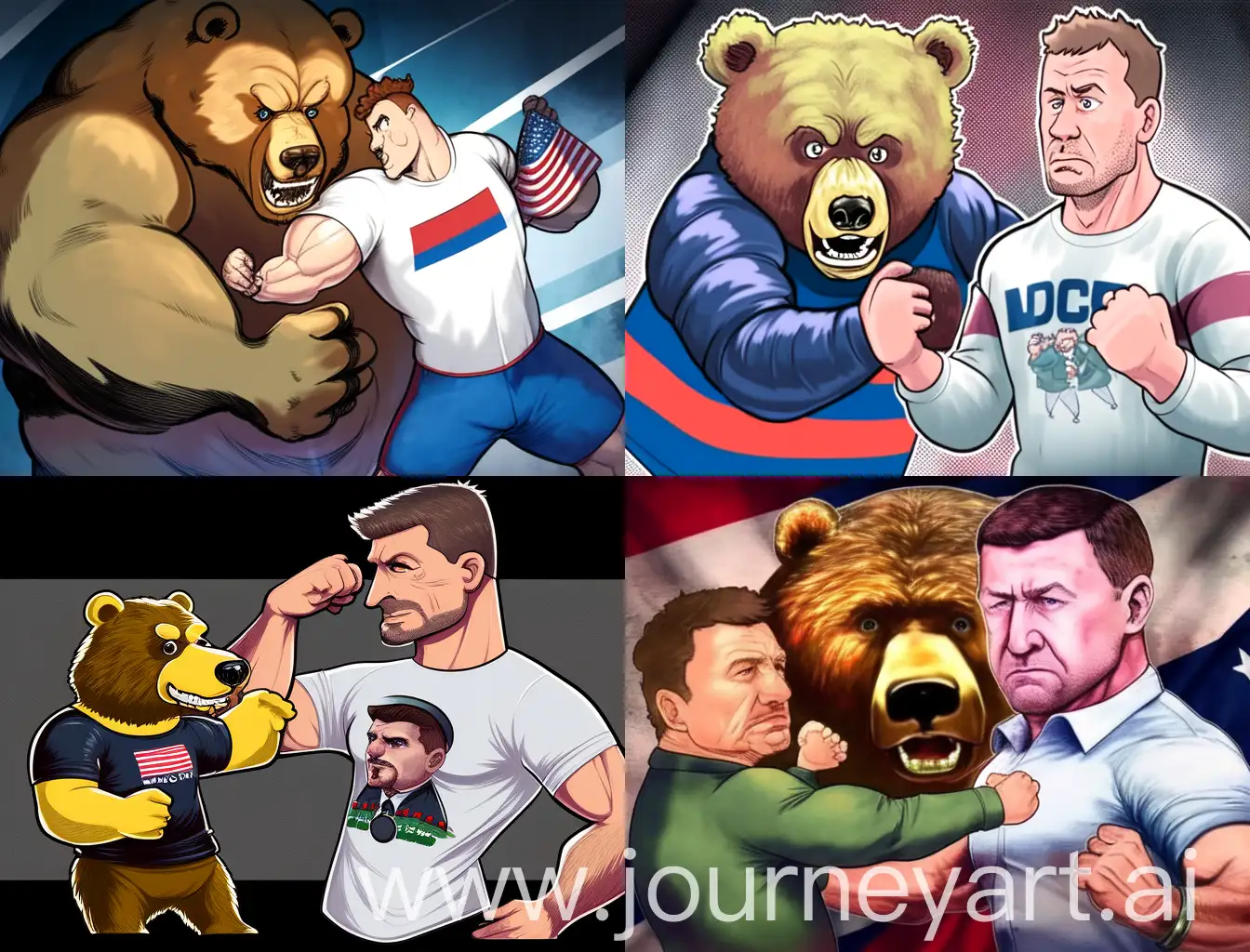 Caricature of a Russian bear wrestling with Volodymyr Zelenskyy. Instead of Volodymyr Zelenskyy's hands, USA  hands come out of Volodymyr Zelenskyy's shirt sleeve.