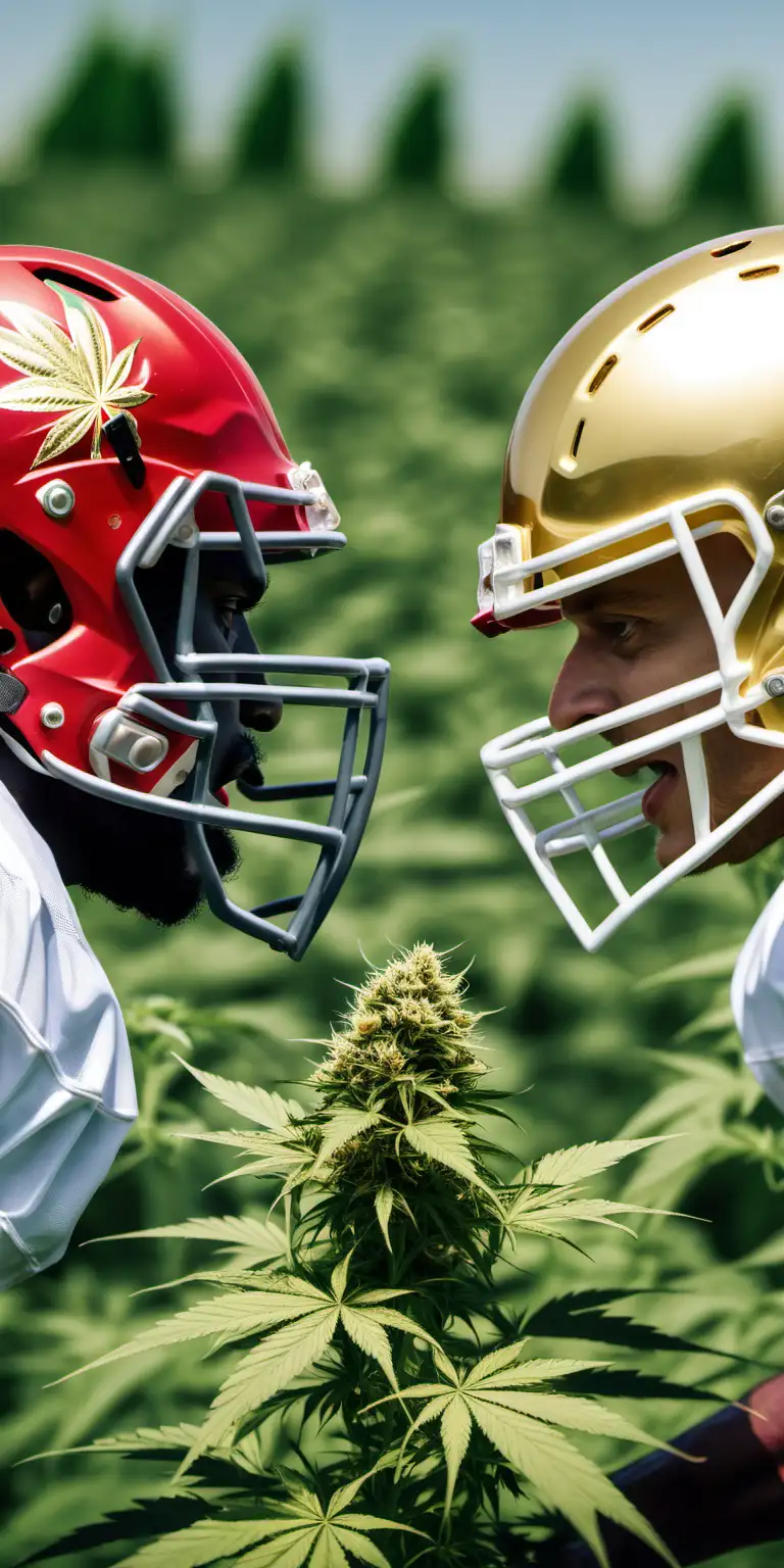  a football player in a red helmet faces off with with a football player in a gold helmet in a cannabis cultivation.