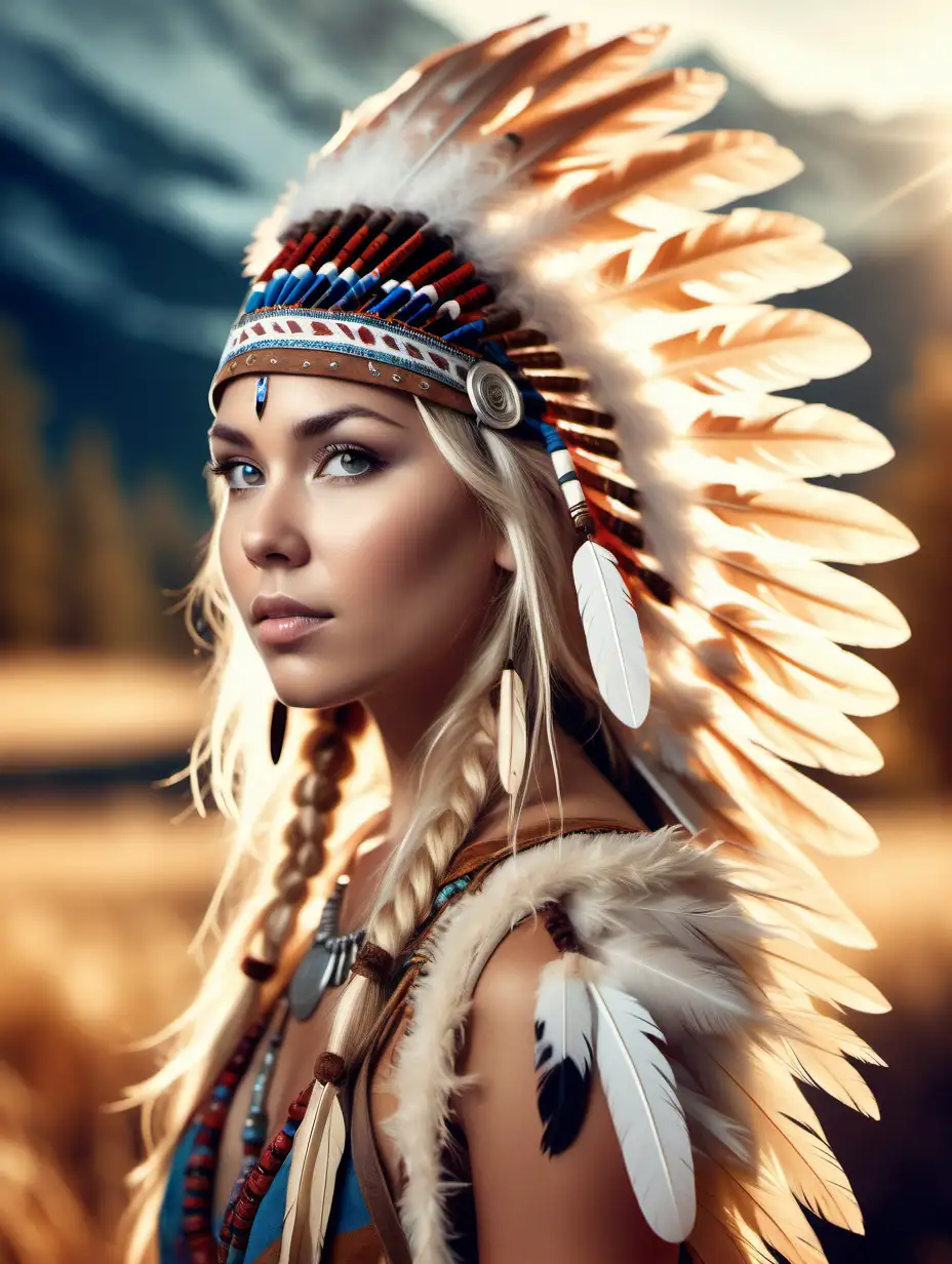 Beautiful Nordic woman, very attractive face, detailed eyes, big breasts, slim body, messy blonde hair, dressed as a Native American princess with a big feather headdress, close up, bokeh background, soft light on face, rim lighting, facing away from camera, looking back over her shoulder, standing in front of a beautiful field with mountains in the background, Illustration, very high detail, extra wide photo,