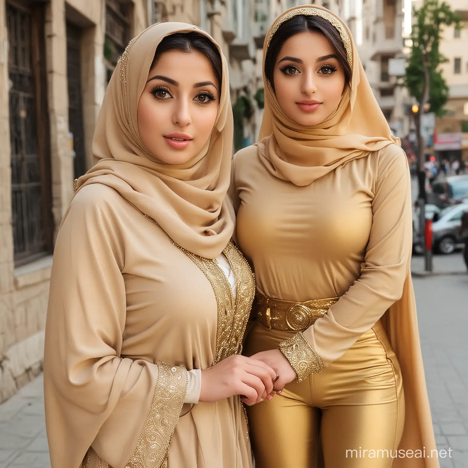 Stylish Iranian Woman with Golden Hijab and High Heels