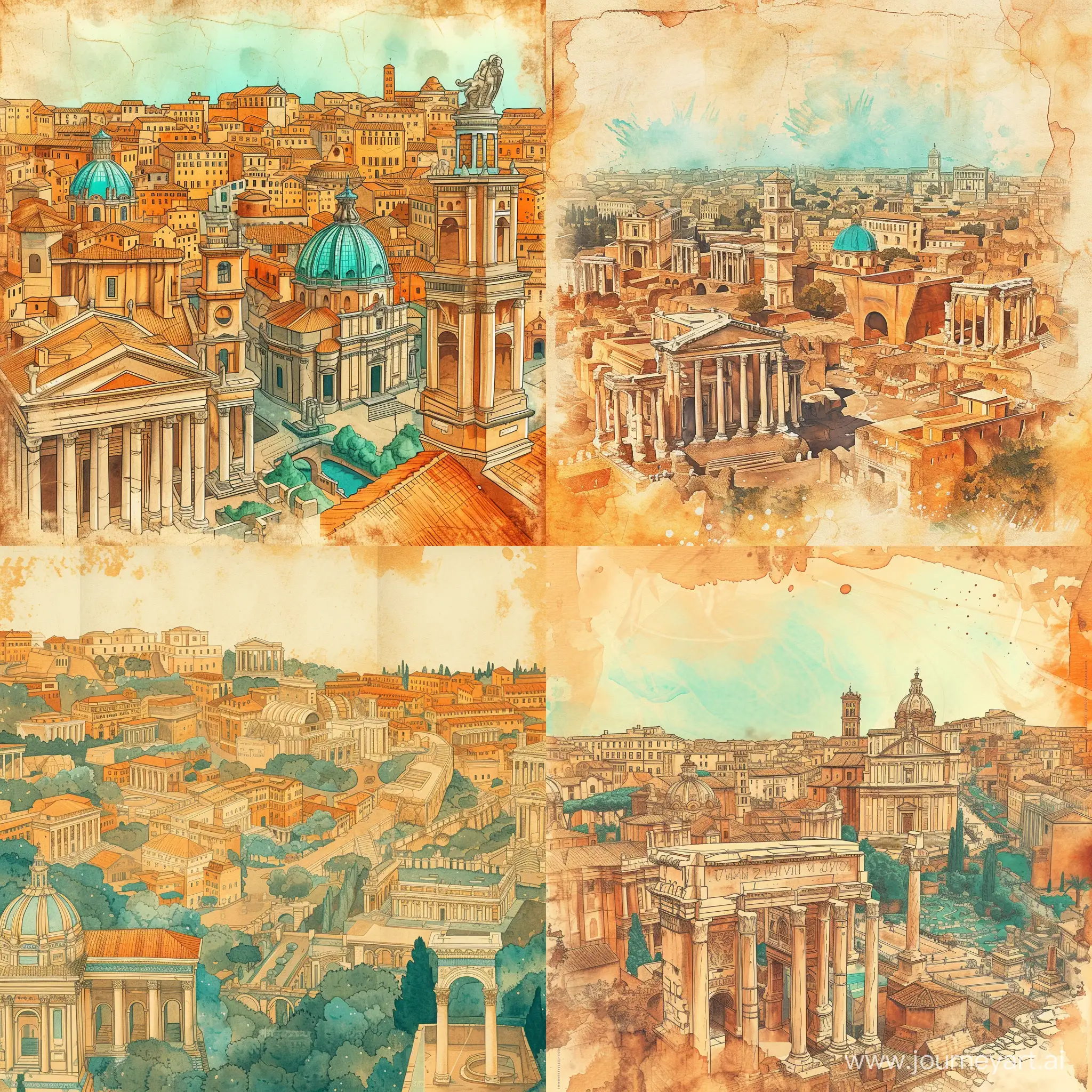 The ornamental background, old paper, urban, landscape of the ancient civilization of Roman, in the old style, delicate, transparent colors, linear, many details, colors of ochre, orange, turquoise, light brown, blue, stylized caricature, watercolor, decorative, flat drawing
