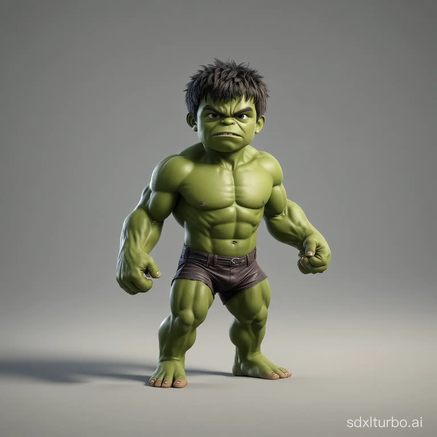 Little child Hulk, game character, stands at full height