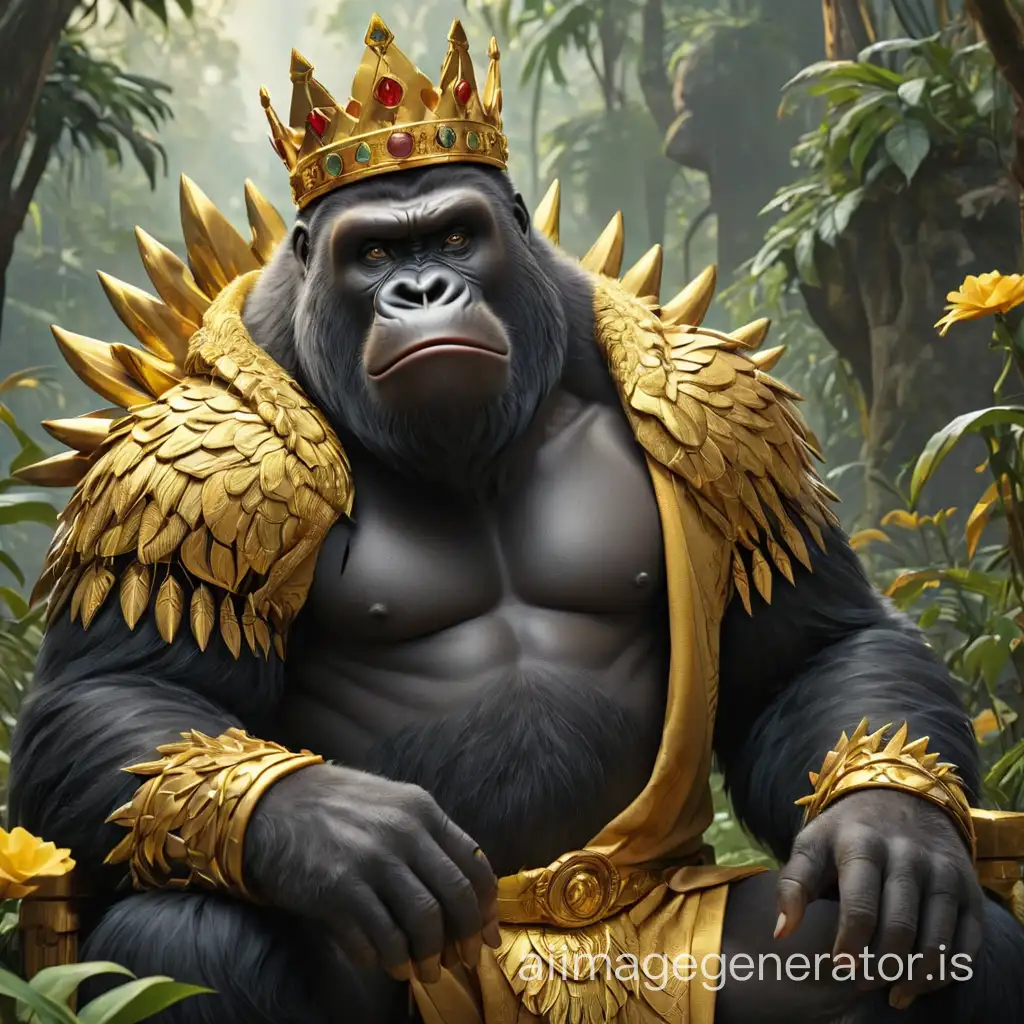 Gorila Rei coroa trono montanhas de ouro riqueza