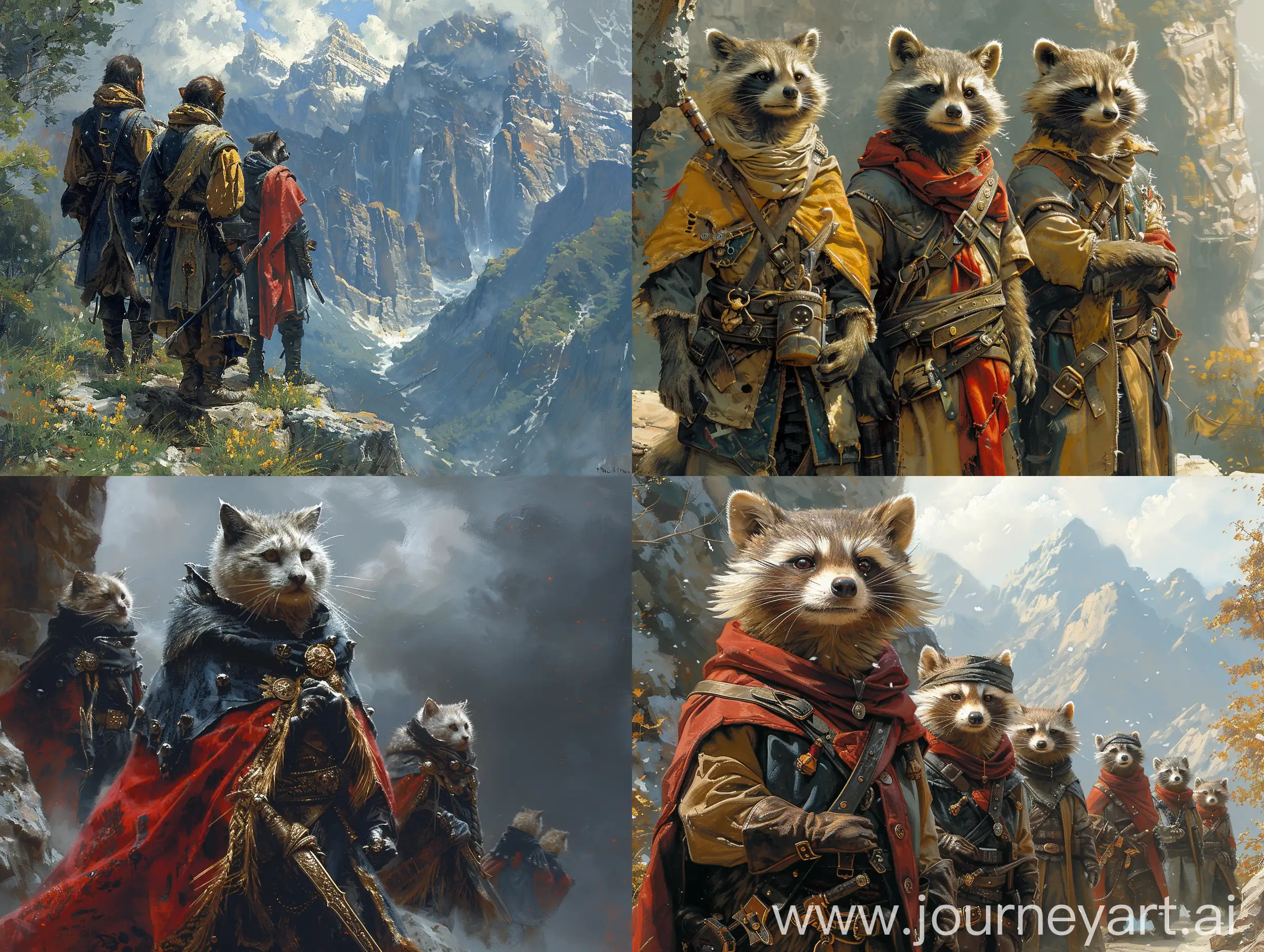 Oil Painting, a masterpiece, Baroque-Victorian Painting of raccoons dressed as spanish conquistadors :: a 🦅, impressive :: in background is a thunderstorm and a canyon ⛈️, lightning ⚡, rain 🌧️ :: Realistic 1500s Oil Painting of anthropomorphic fursonas as the spanish conquistadors surveying the grand canyon's wooded south rim, the grand canyon being partially obscured by tree cover, them walking a rudimentary trail, and they MUST be in spanish conquistador armor and clothing that features a red and gold/silver color scheme for the clothing and armor and ornate golden morrión hats. the realistic 1500s oil painting CANNOT HAVE regular animals OR humans in the painting. --stylise 750
