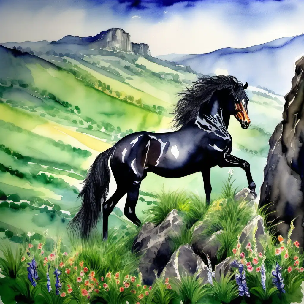 A wonderfully beautiful black horse is standing on a rock ledge, rearing, full of courage and strength, below him is a green valley with the most beautiful flowers, it is a paradise valley, like a beautiful painting, artistically painted, watercolors 
