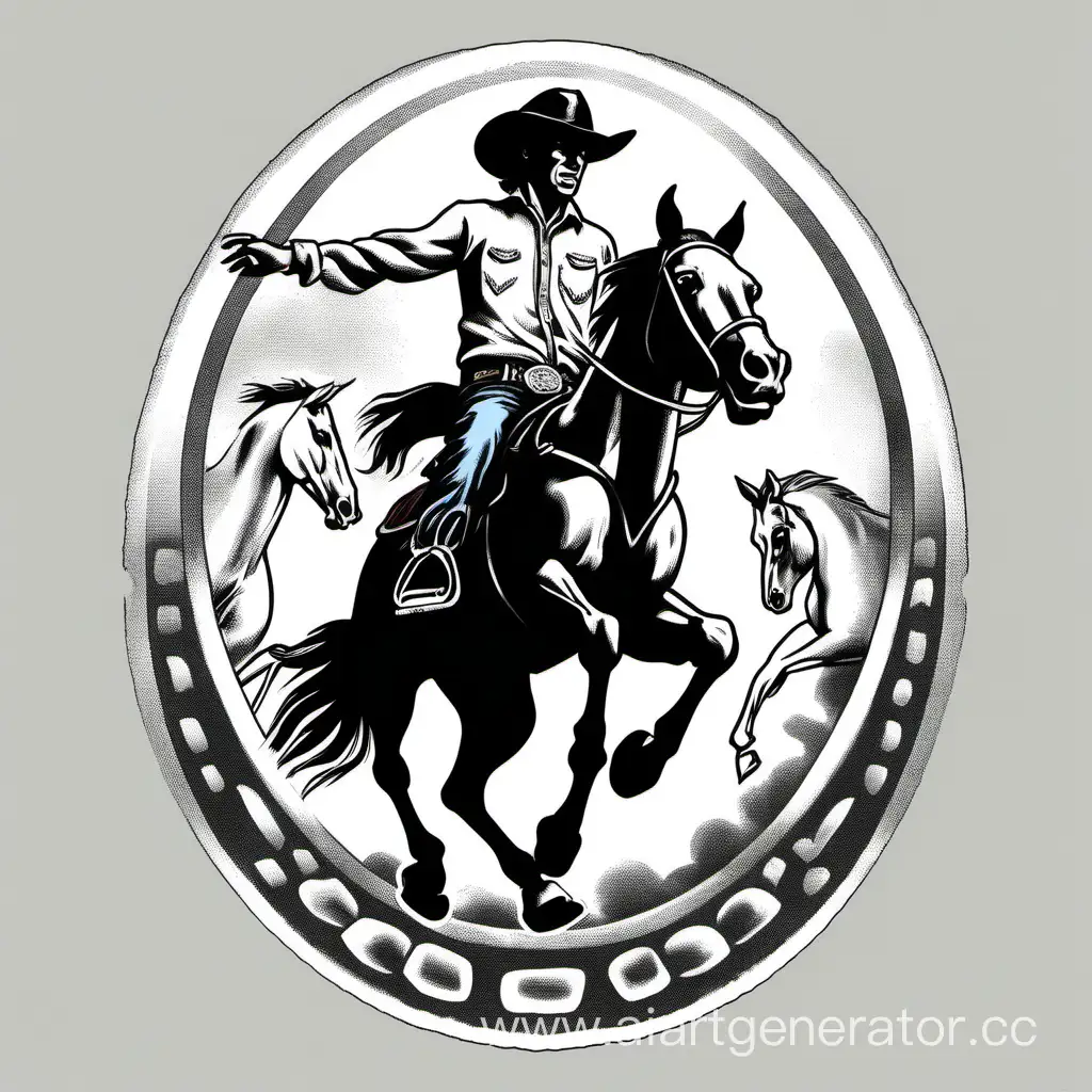 black and white t-shirt design of cowboy riding a rodeo bucking horse. vintage. detail, white background.  image show whole horse.
