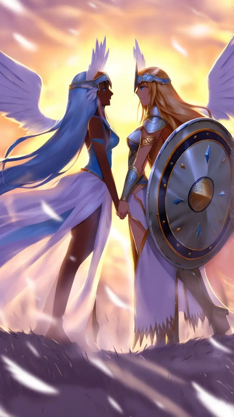 Valkyrie and a Shield Maiden, In love, on a battlefield, with winged horse