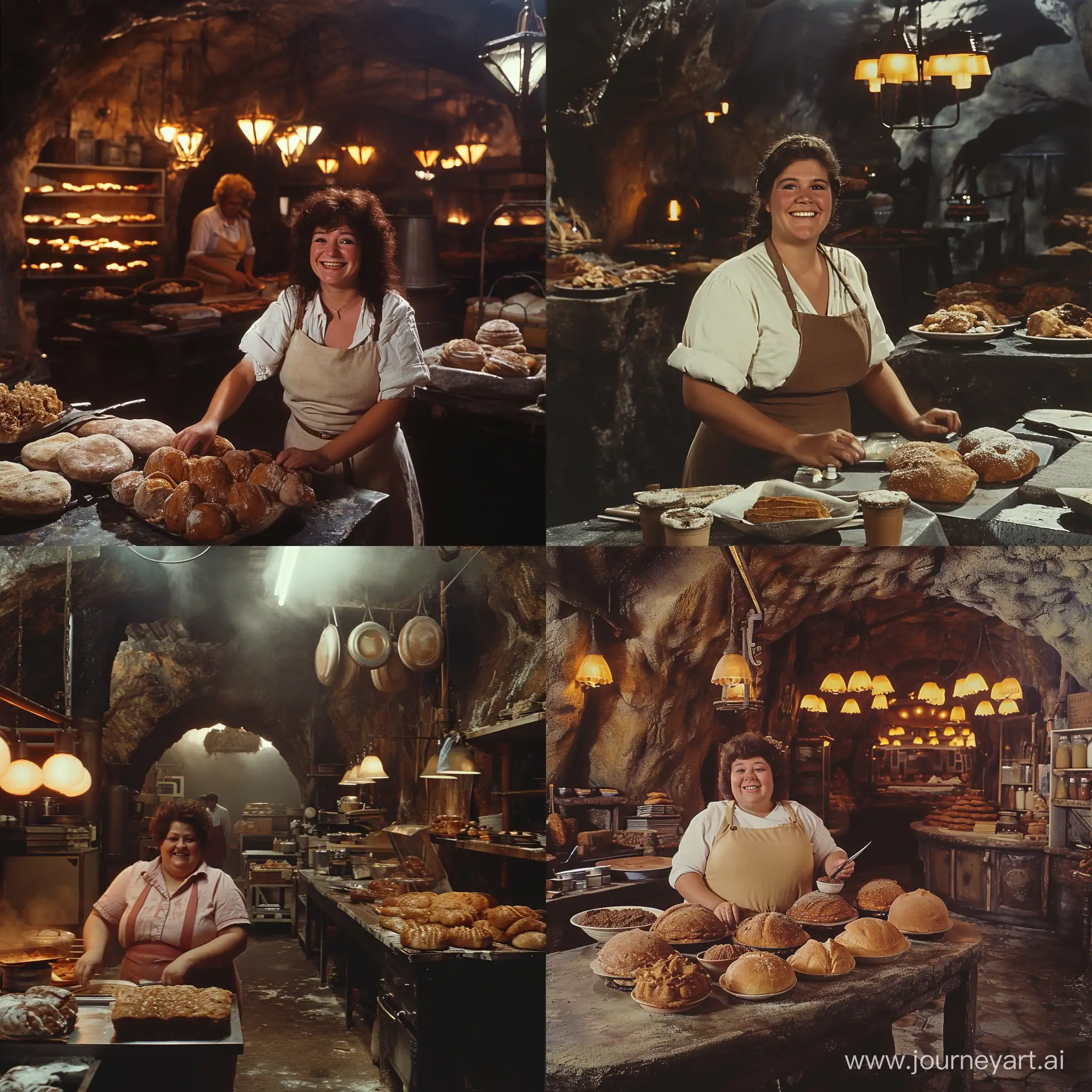 dvd screenengrabs arx fatalis bakery-dining room in the underground city smiling slightly overweight female cook dark fantasy 1980 style