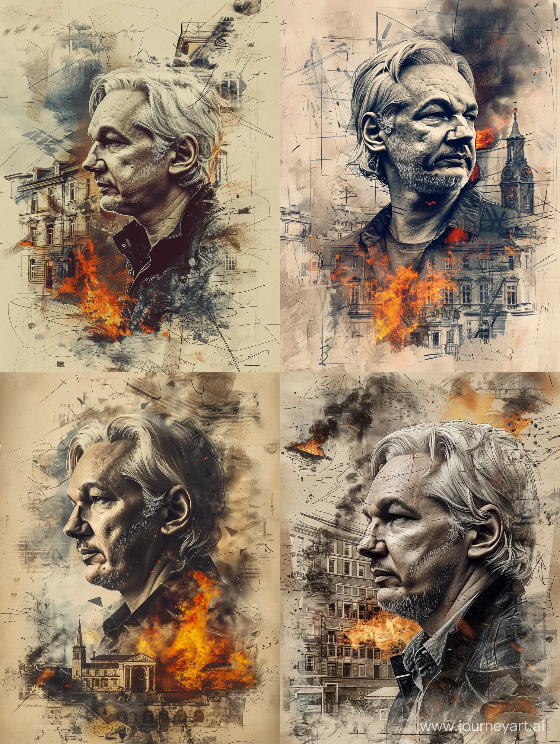 poster, loose sketch portrait of Julius Assange, influence of tolouse lautrec, background of old buildings or US War crimes or Exposing US crimes, historical objects or fire or clouds or something extraordinary and inspiring but blurred, 8k --ar 3:4 --stylize 200 --v 6