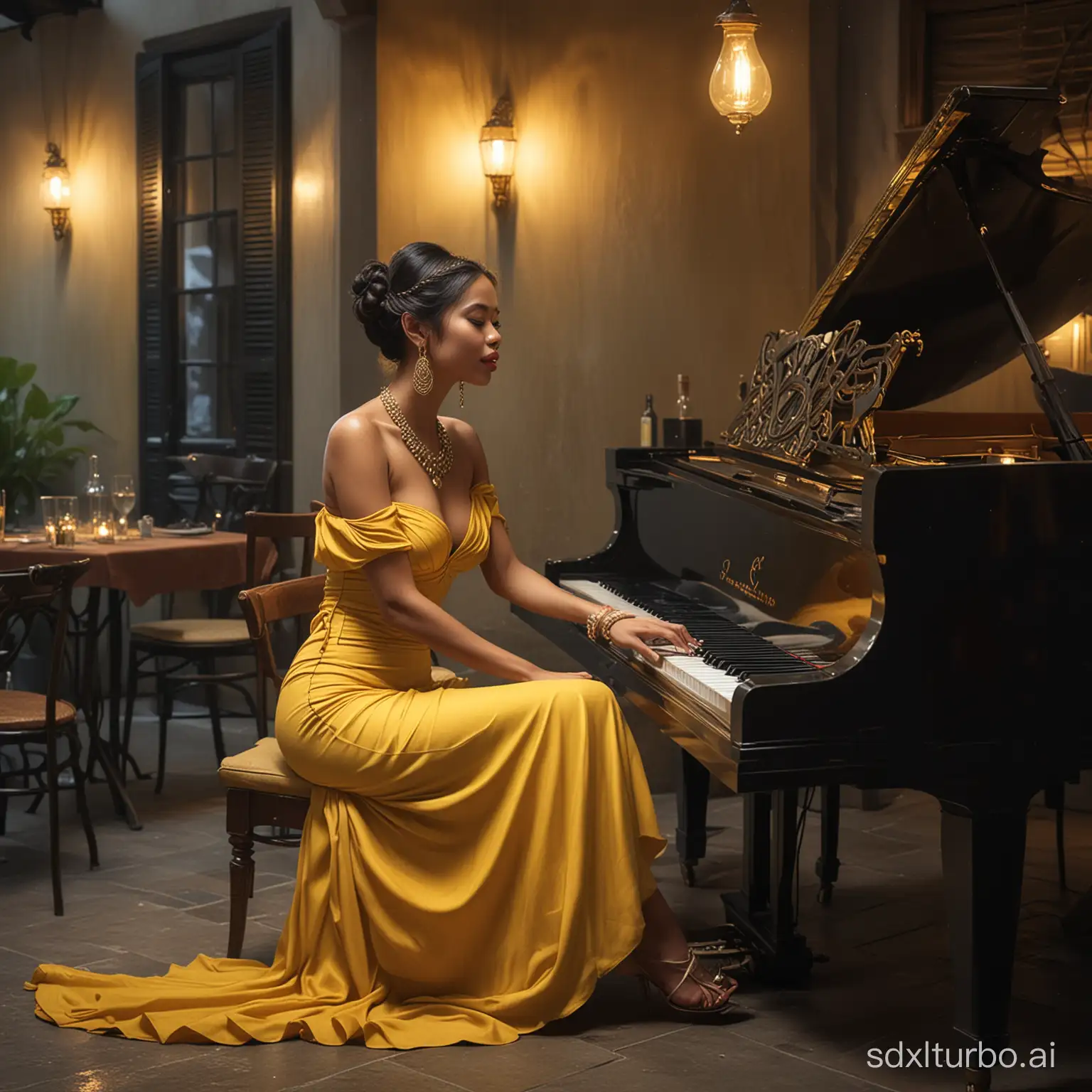Imagine a 4K oil painting featuring an Indonesian woman in a flowing yellow dress, slim fat body, sitting and gracefully playing a jazz piano in a dimly lit room. Black hair was styled in an intricate braid, accentuated with dangling earrings and a sparkling necklace. With closed eyes and a soulful expression, he pours his heart into the music, captivating the audience with his talent and passion. dimly lit luxury outdoor cafe background.