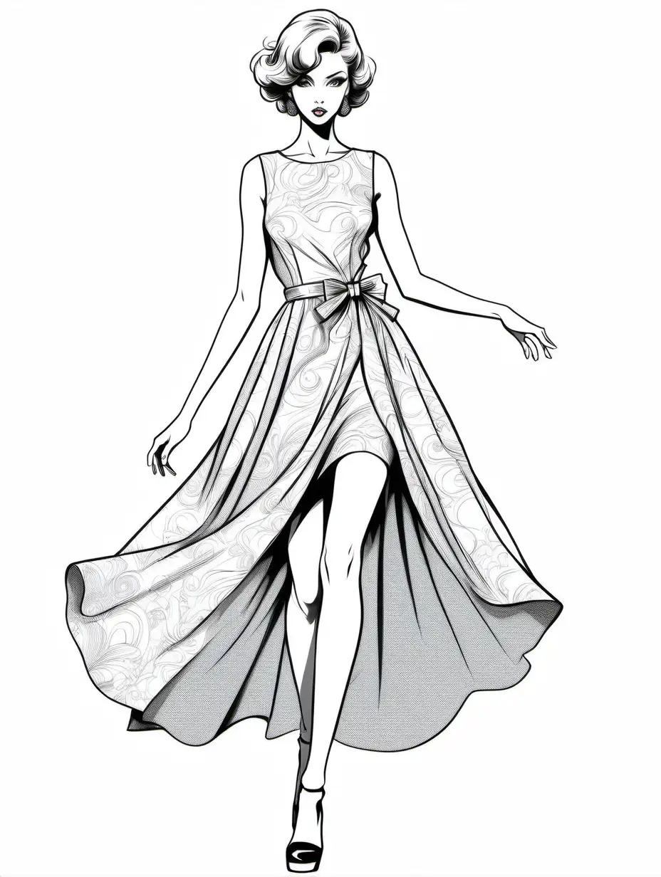  High fashion model,young female, striking poses, high fashion vintage dress,on a runway,vector, black and white, anime, white background,colouring book