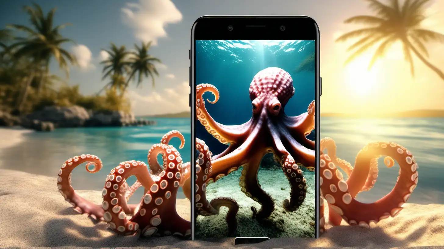 Generate a 8K hyperrealistic image of a cellphone taking pictures of another cellphone taking picutes of a octopussy on a reef close to a palm beach, ensure the 3D rendering is highly detailed, showcasing the beautiful nature and sunset, Utilize HDR sunrays to enhance the beautiful atmosphere, with photorealistic textures. UHD, realistic, F5, cinematic