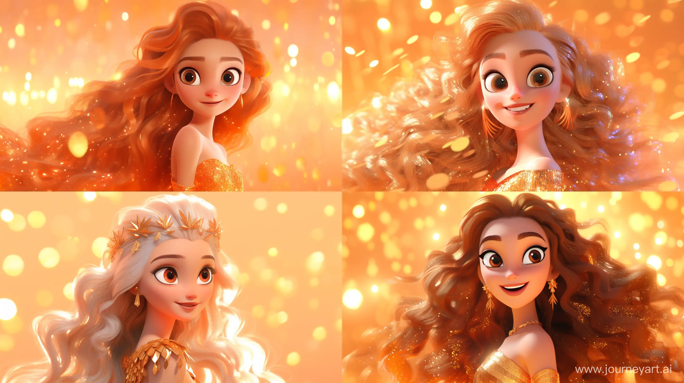 Smiling-Greek-Goddess-in-Vibrant-3D-Animation-with-Pixar-Style-on-Golden-Orange-Background