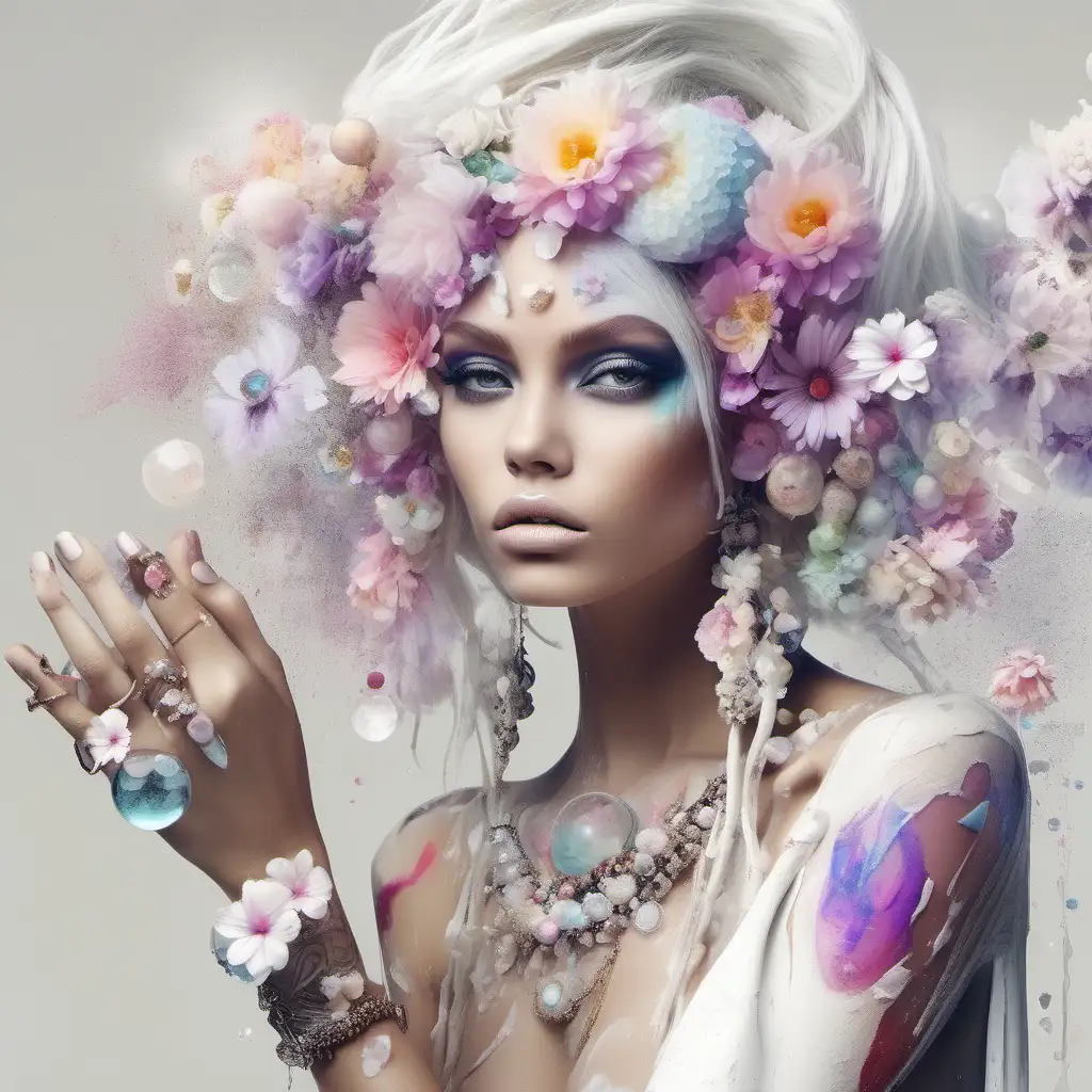 Ethereal High Fashion Model Adorned with Pastel Flowers and Crystal Orbs