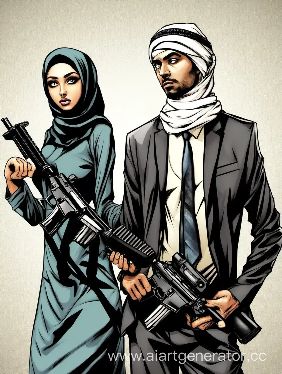 Tense-Office-Confrontation-Man-with-Gun-and-Girl-in-a-Hijab