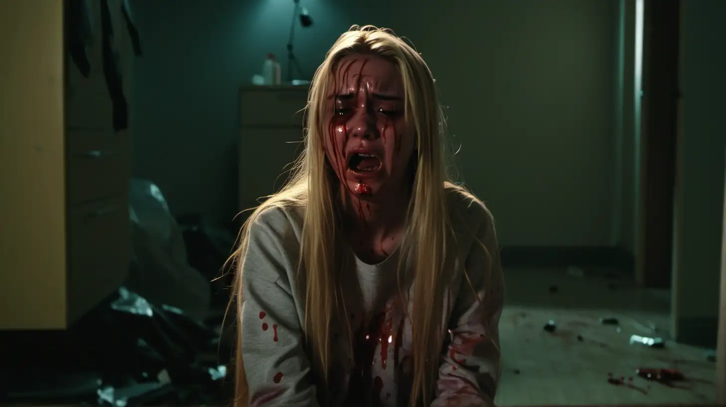 A teenage girl with long blond hair, covered in blood, is sitting in a dimly lit room. She looks distraught and is crying hysterically. The room is sparsely furnished, with a few items suggesting a struggle. The atmosphere is tense and emotional, capturing the gravity of her situation after accidentally harming someone with connections to organized crime.