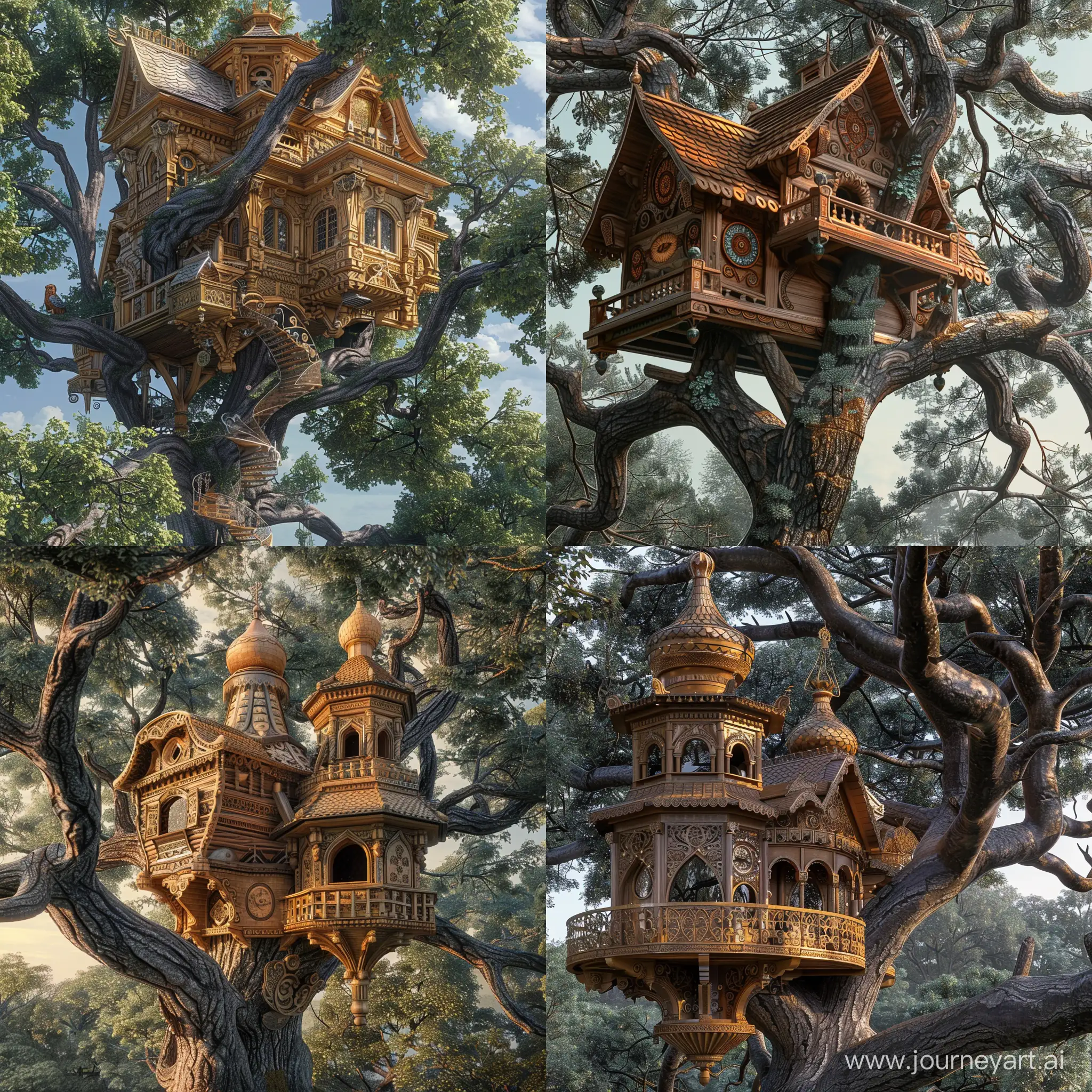 Огромный сказочный древнерусский деревянный дом для птиц на ветках огромного дерева, древнерусское зодчество, русские сказки, узоры, барельефы, концепт арт
