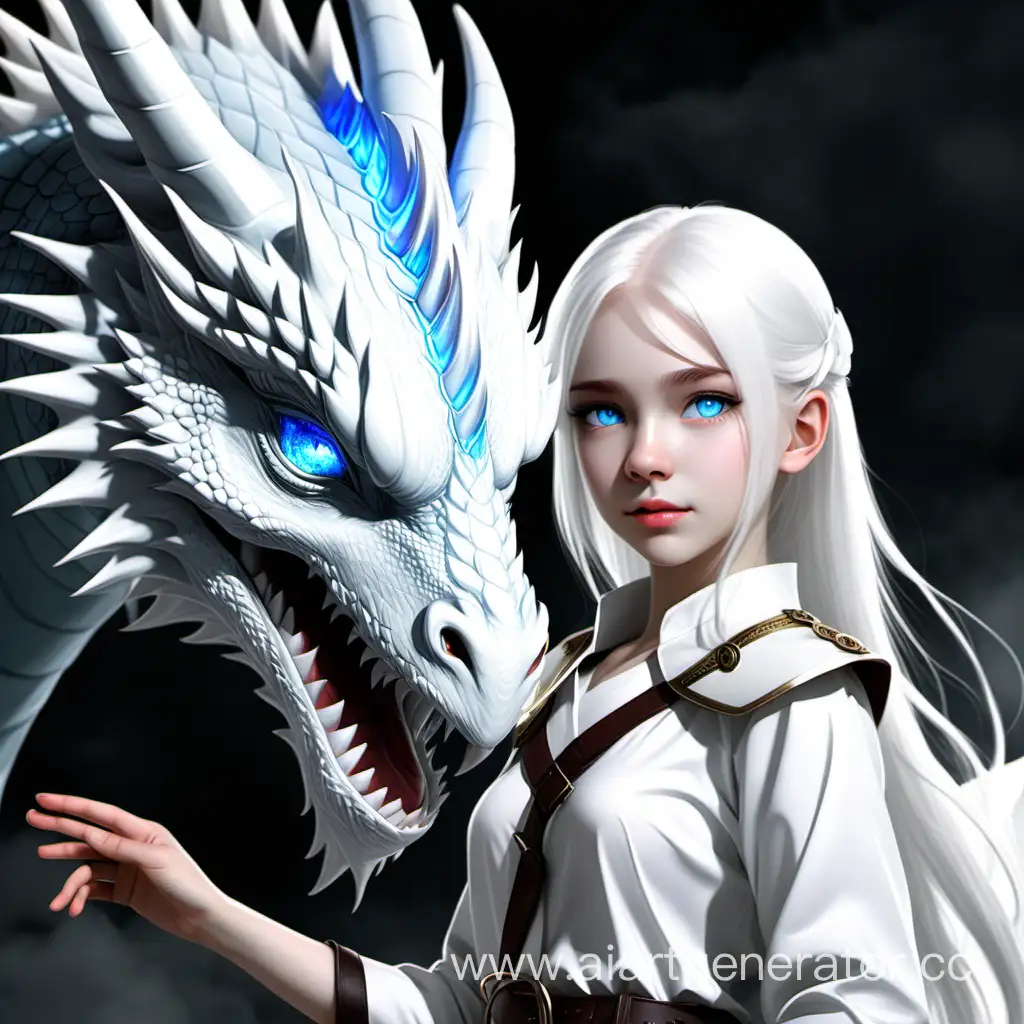  девушка с голубыми глазами и белыми волосами, рядом с ней большой белый дракон