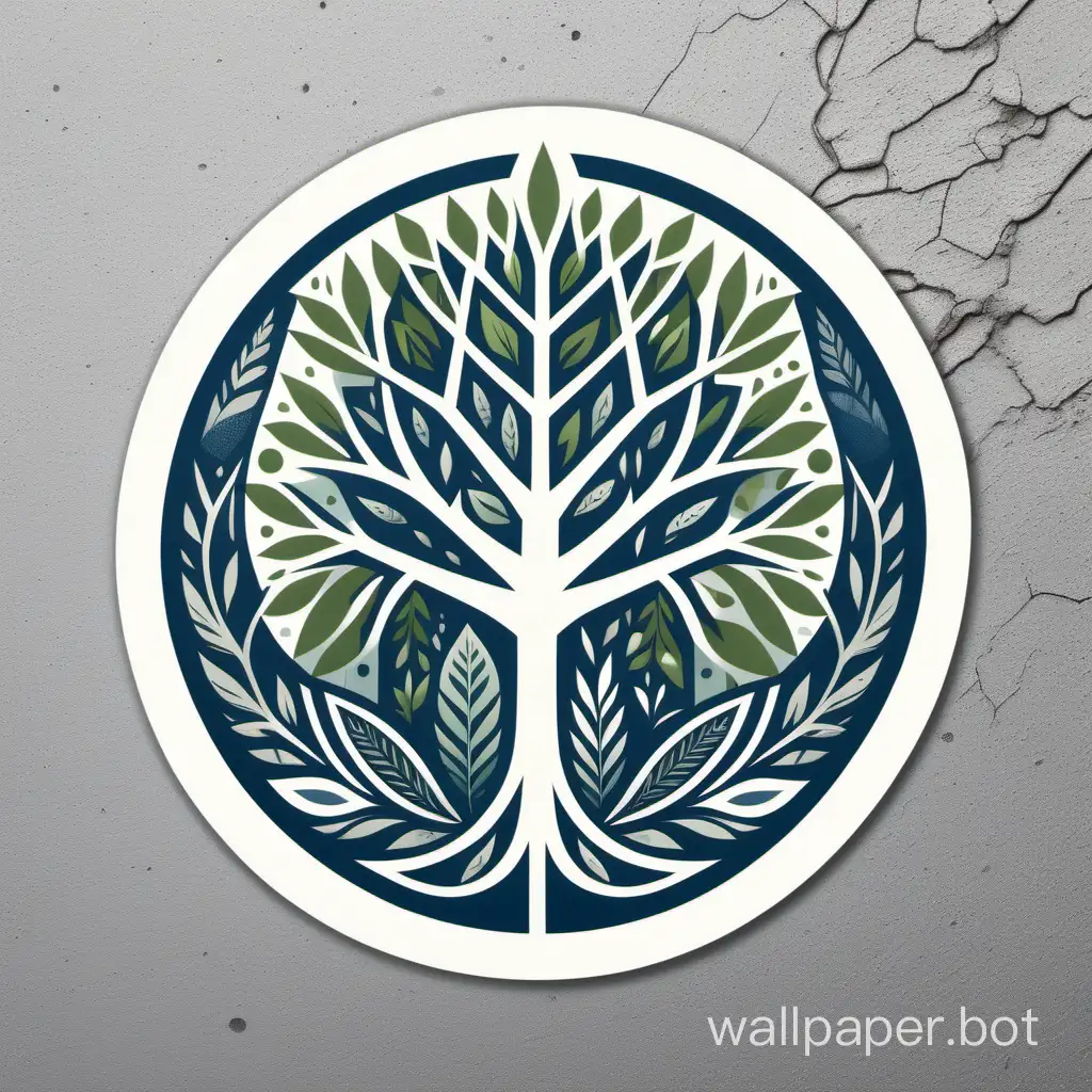 unique design,  combines urban geometric lines with organic patterns, inspired by flora and fauna, stylized tree grows in the center, representing the harmony between urban development and environmental preservation. The colors chosen are an eclectic palette of urban tones, such as concrete gray, metallic blue and moss green, providing a modern and natural feel at the same time, sticker art, white background