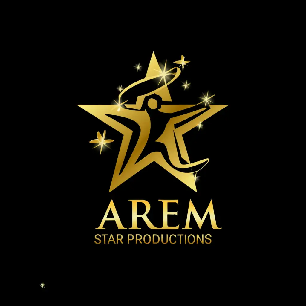 a logo design,with the text "AREM STAR PRODUCTIONS TALENT MANAGEMENT SERVICES", main symbol:Showbiz industry, color gold and black stuning.,Moderate,be used in Entertainment industry,clear background