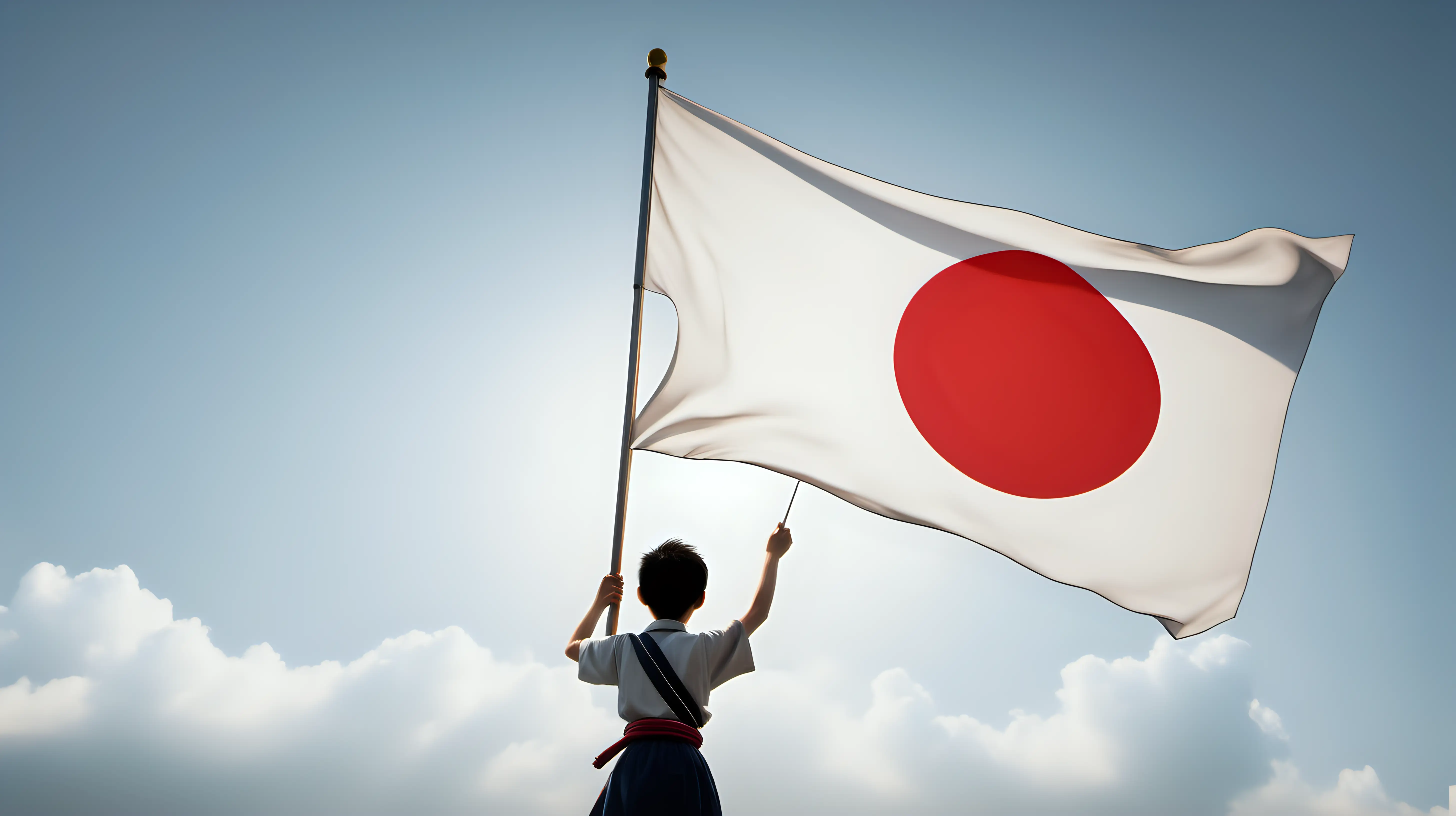 Create a dynamic visual of someone raising the Japanese flag with enthusiasm, embodying the spirit of patriotism and love for their homeland.