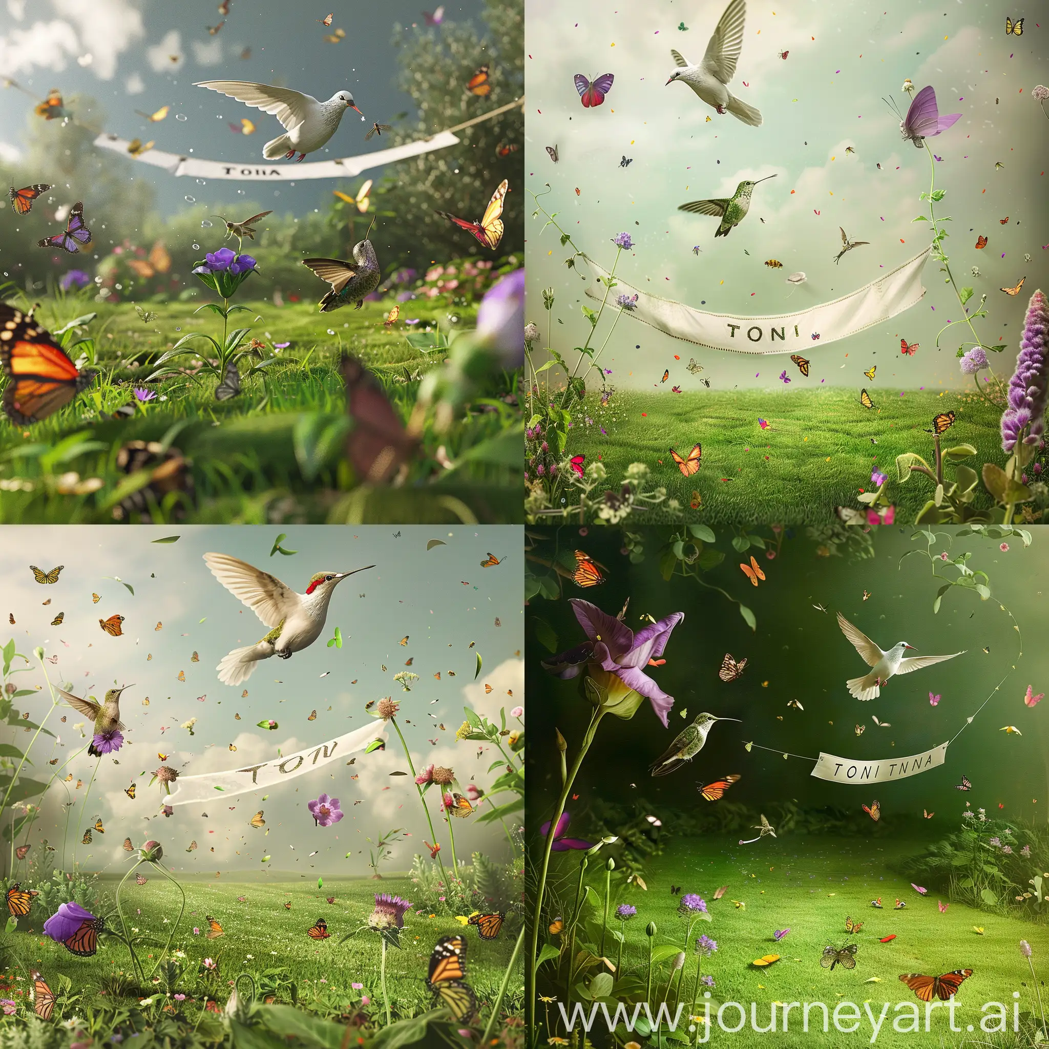 Create an photorealistic image of a lovely garden, showing green lawn, with tiny flitting butterflies, tiny bees and other colourful small insects. A small hummingbird is seen perched on a purple flower. In the  background, up in the air a dove flying across is dragging along a white banner on which is written the word TONIA.