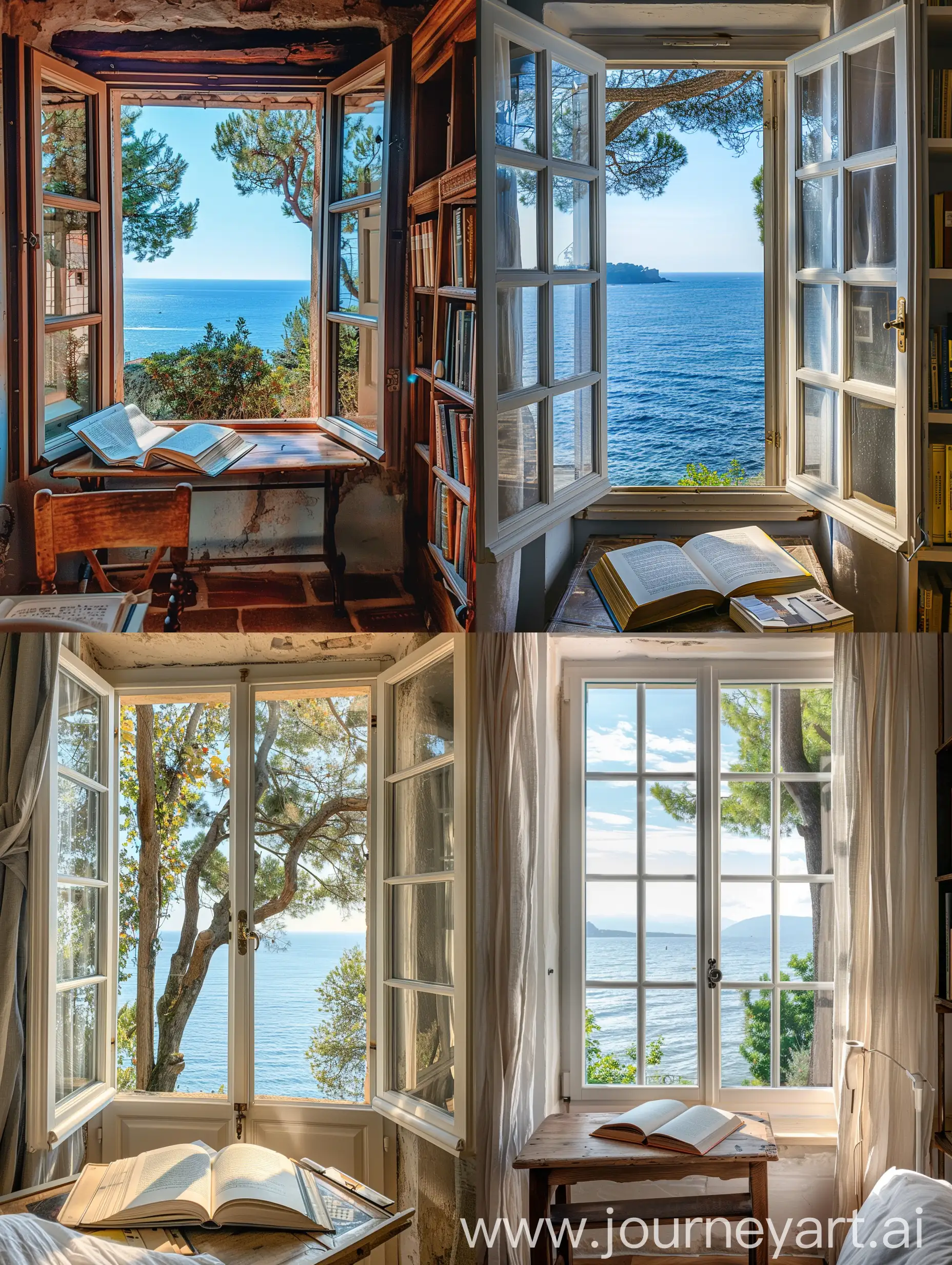 在这个温馨的书房里，拥有超大的落地窗。窗边放置着一个小书桌，桌上面有一本打开的书。透过窗外，可以欣赏到蔚蓝的大海。