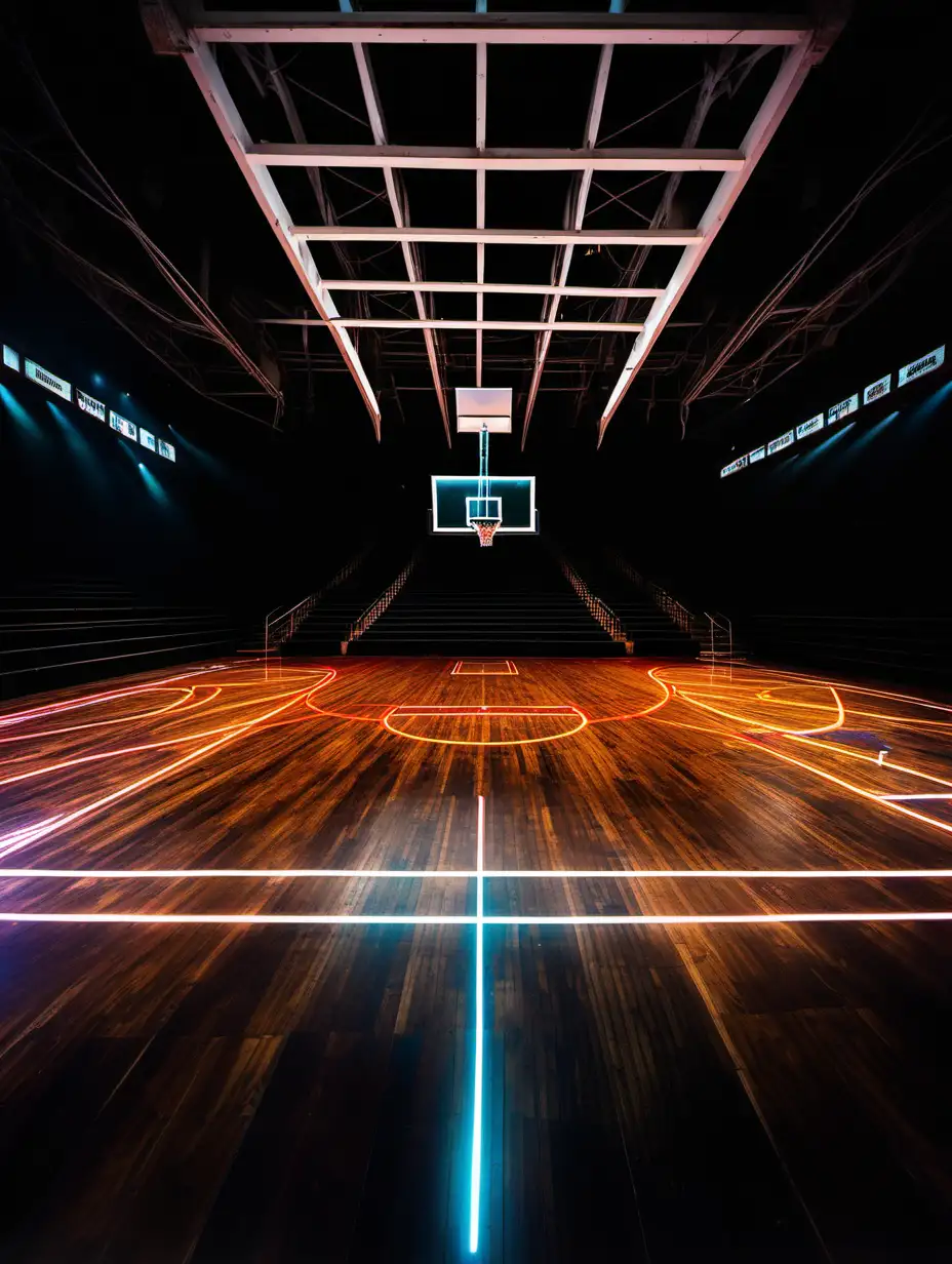 darkened basketball arena with bright backlighting and neon lines painted on the wood floor