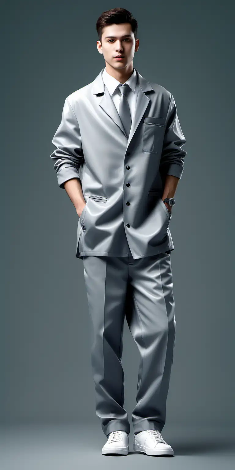 men dry cleaning uniform, 35 mm photography, realistic, full body, white sneaker, fashion design, gray background