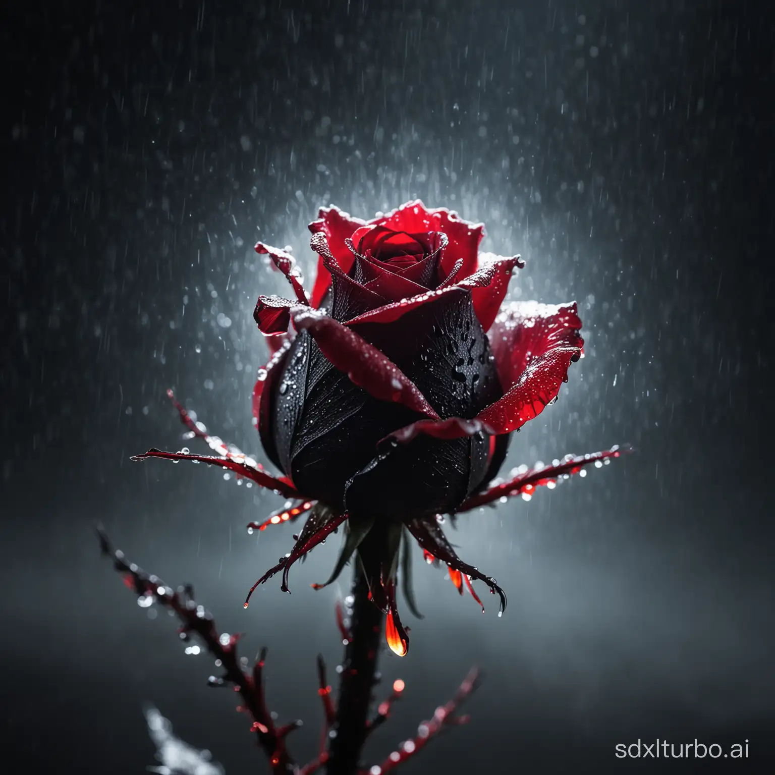 a black rose made of red neon lightning,night,foggy,dynamic angle,cinematic still,100mm f/2.8 macro lens,close-up,award winning photo,zavy-lghttrl,Artnthrmg,Water droplets on petals,reflections on water droplets,grain of petals,focus black rose,solo,
