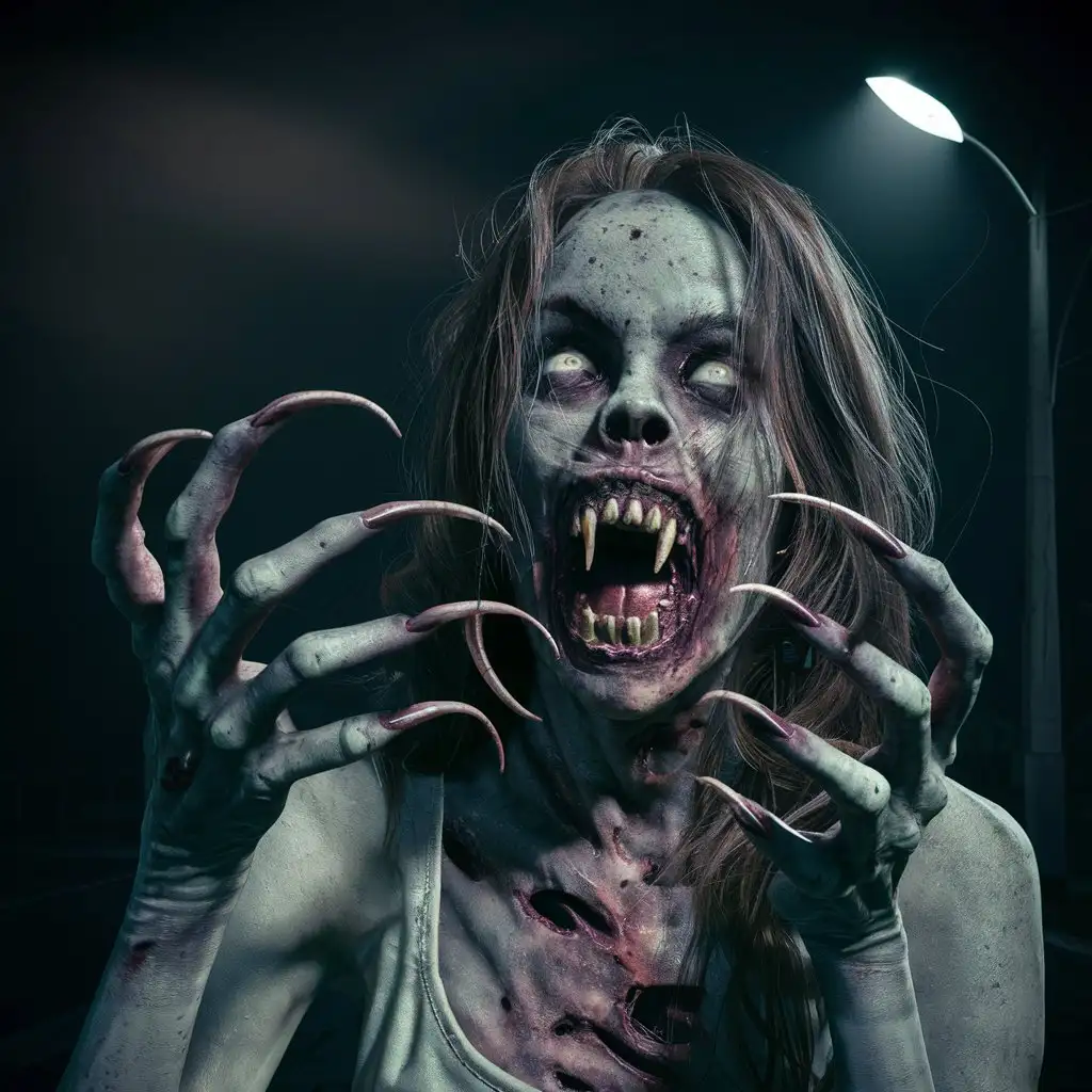 photorealistic rotten skin hungry terrible zombie woman with long curved pointed nails protruding  on each of the five fingers like menacing claws, her mouth is threateningly open exposing pointed teeth resembling fangs, at night in a dark