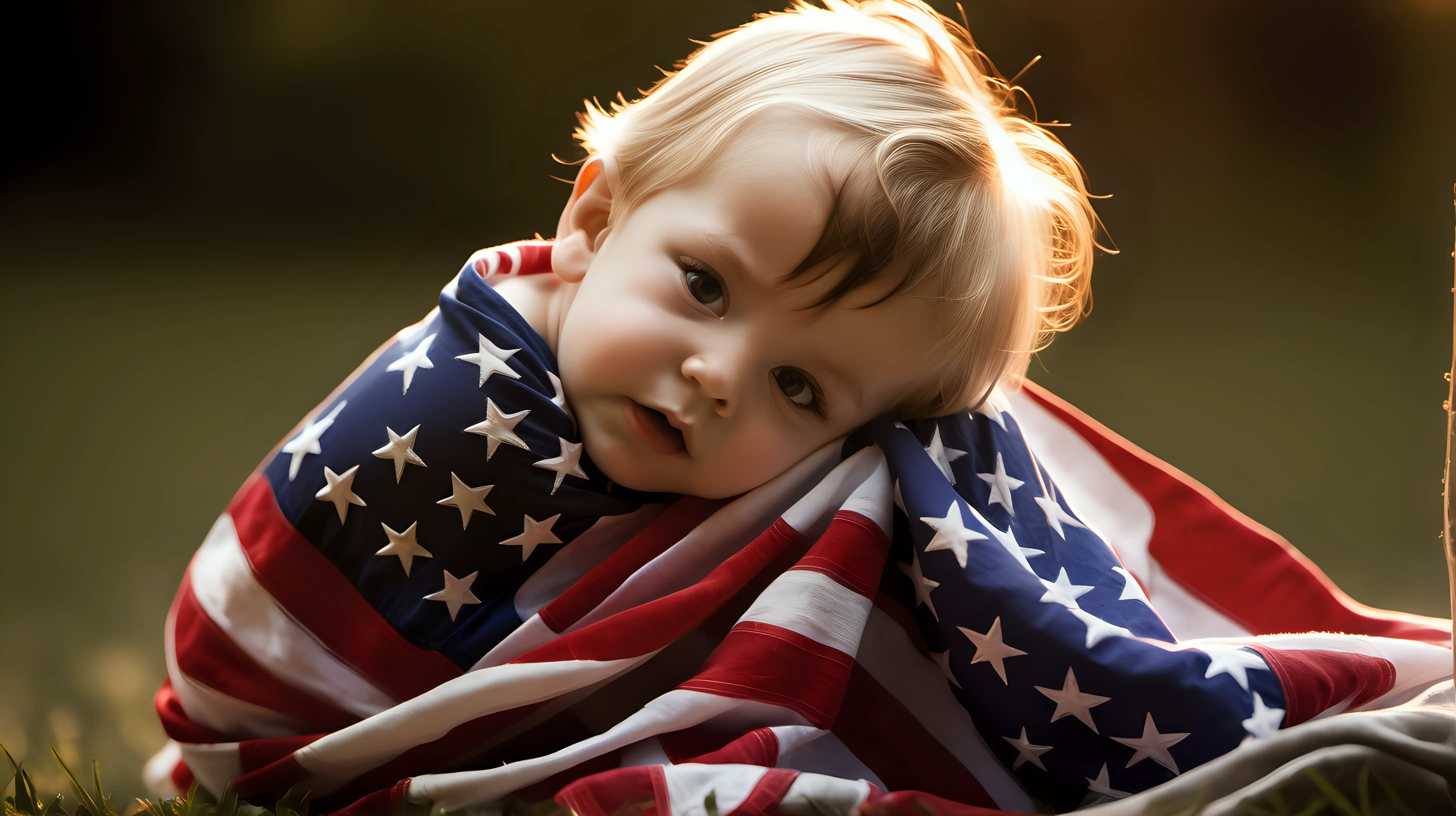 A young child wraps themselves in the American flag, planting a gentle kiss on its fabric, showing their affection and pride for their nation.
