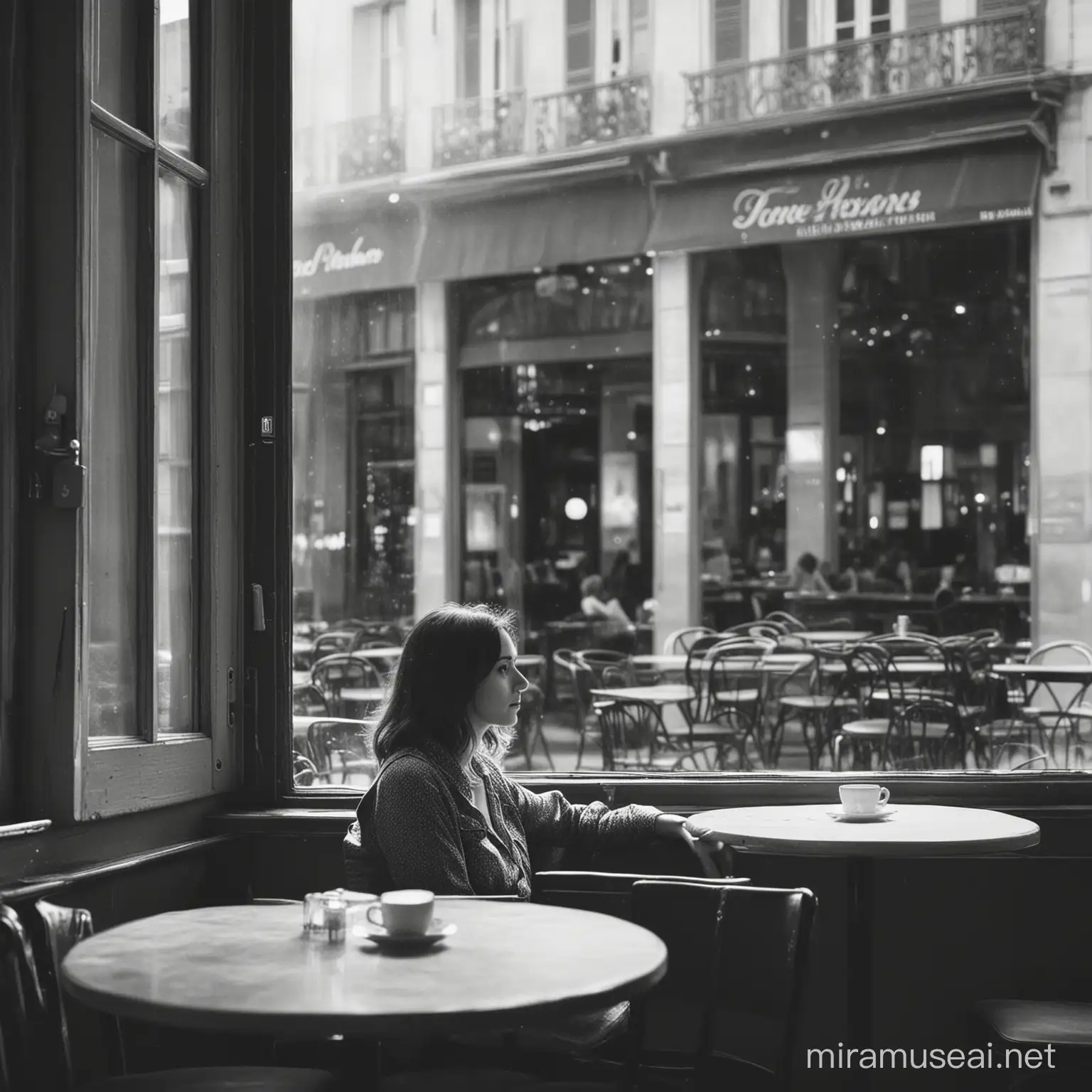 mysterious woman sitting in a large French café, looking out of the window
