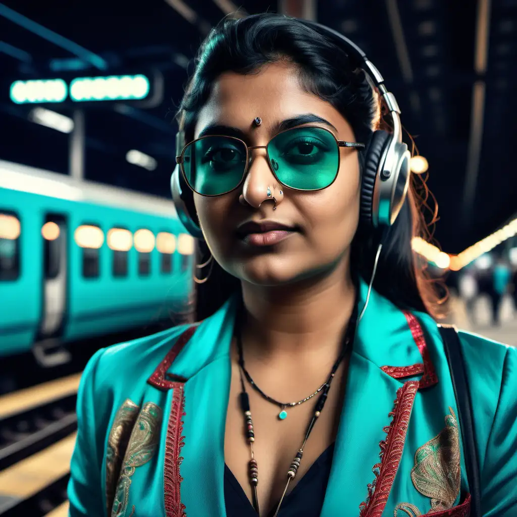 create an close up portrait of a curvy indian woman wearing a turquoise silk blazer with embroidery looking straight into the camera with sunglasses on, she is wearing headphones on her ears and has a nose ring, the background is in a busy railway station with neon lights, make it hyper cinematic