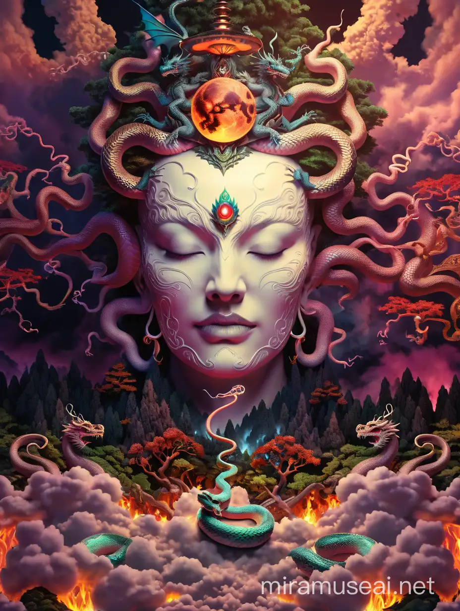Psychedelic visionary world, 3d hyper detailed vivid, japness clouds , dragon, snake , forest tress, dead skulls third eye energy both side lamp down side fully dark hell world