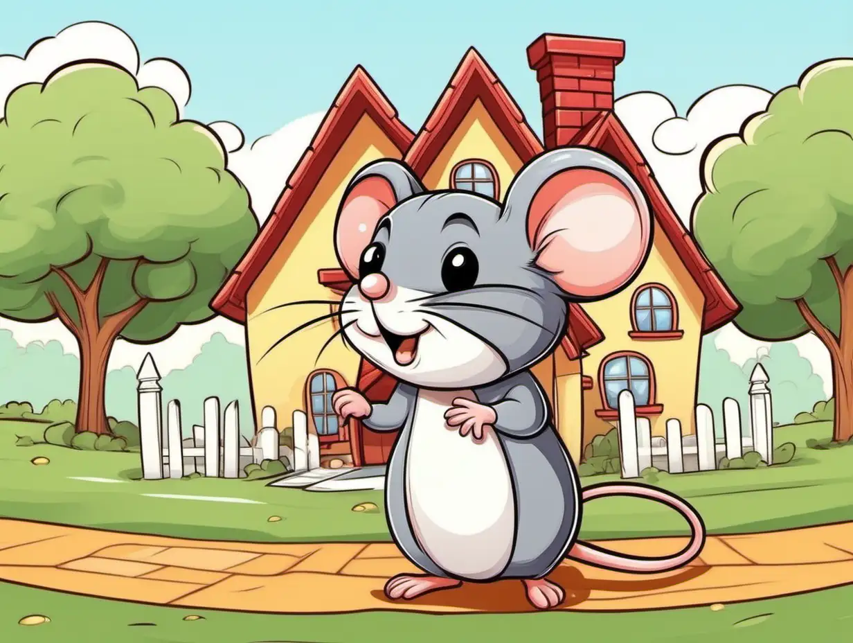 cute cartoon style mouse with  house on 
background