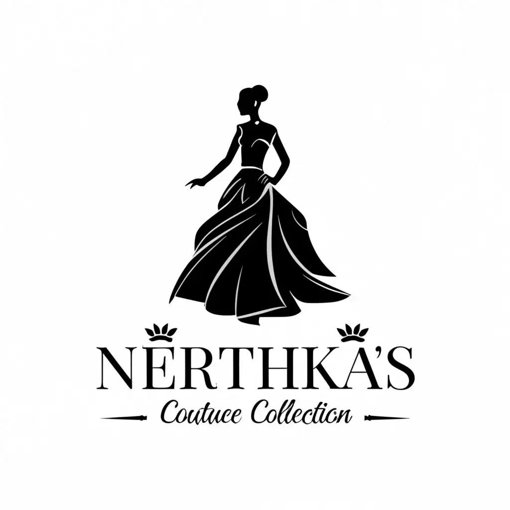 logo, dress of women bringing elegence, with the text "Nerthika's Couture Collection", typography