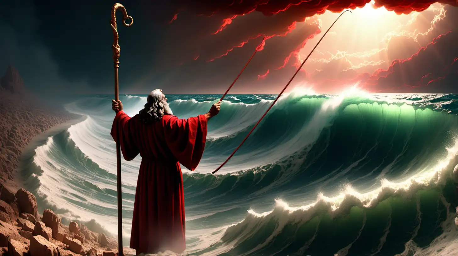 Moises sostiene la barra sobre el mar rojo segun la biblia
