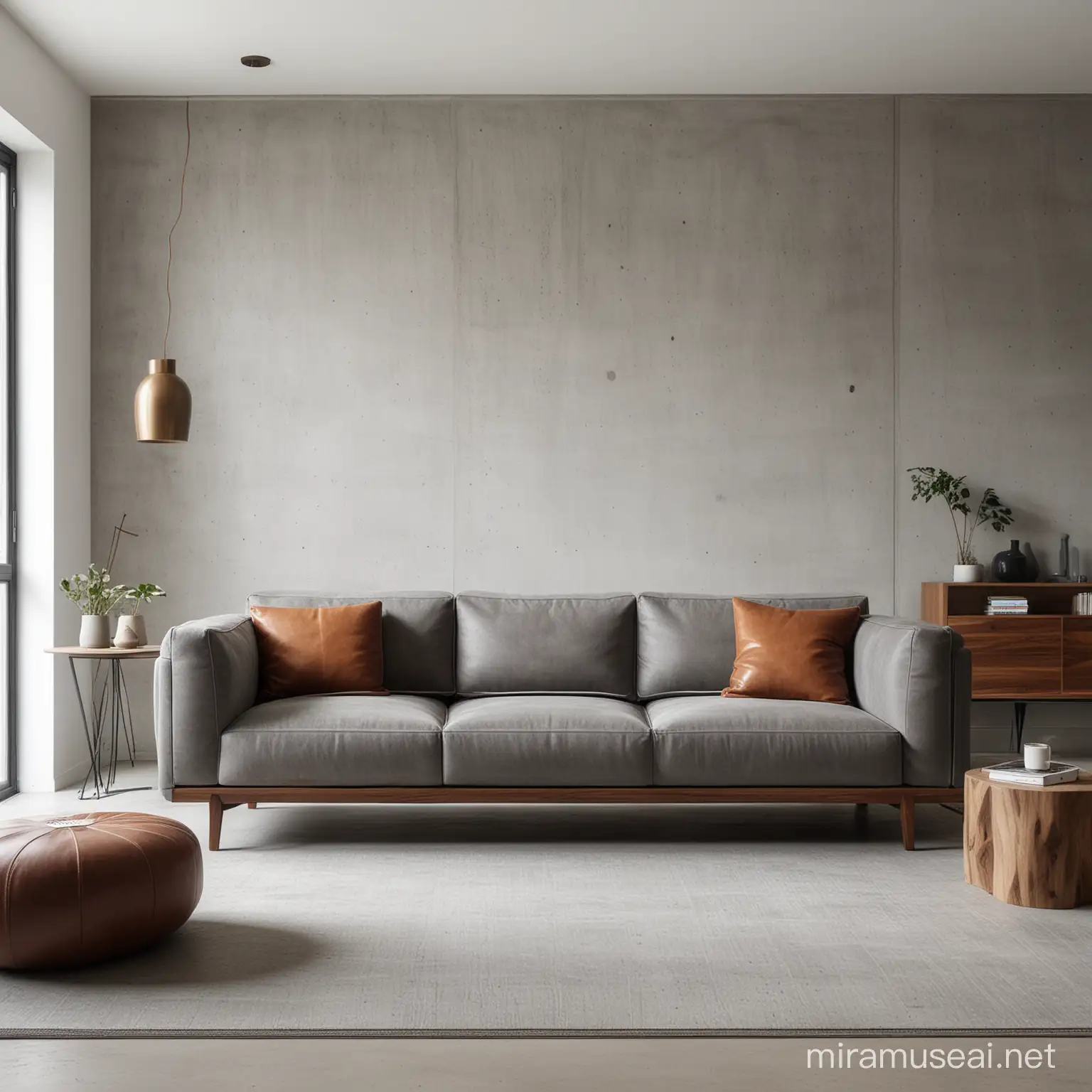 white, walnut, grey concrete, modern living room. leather sofa