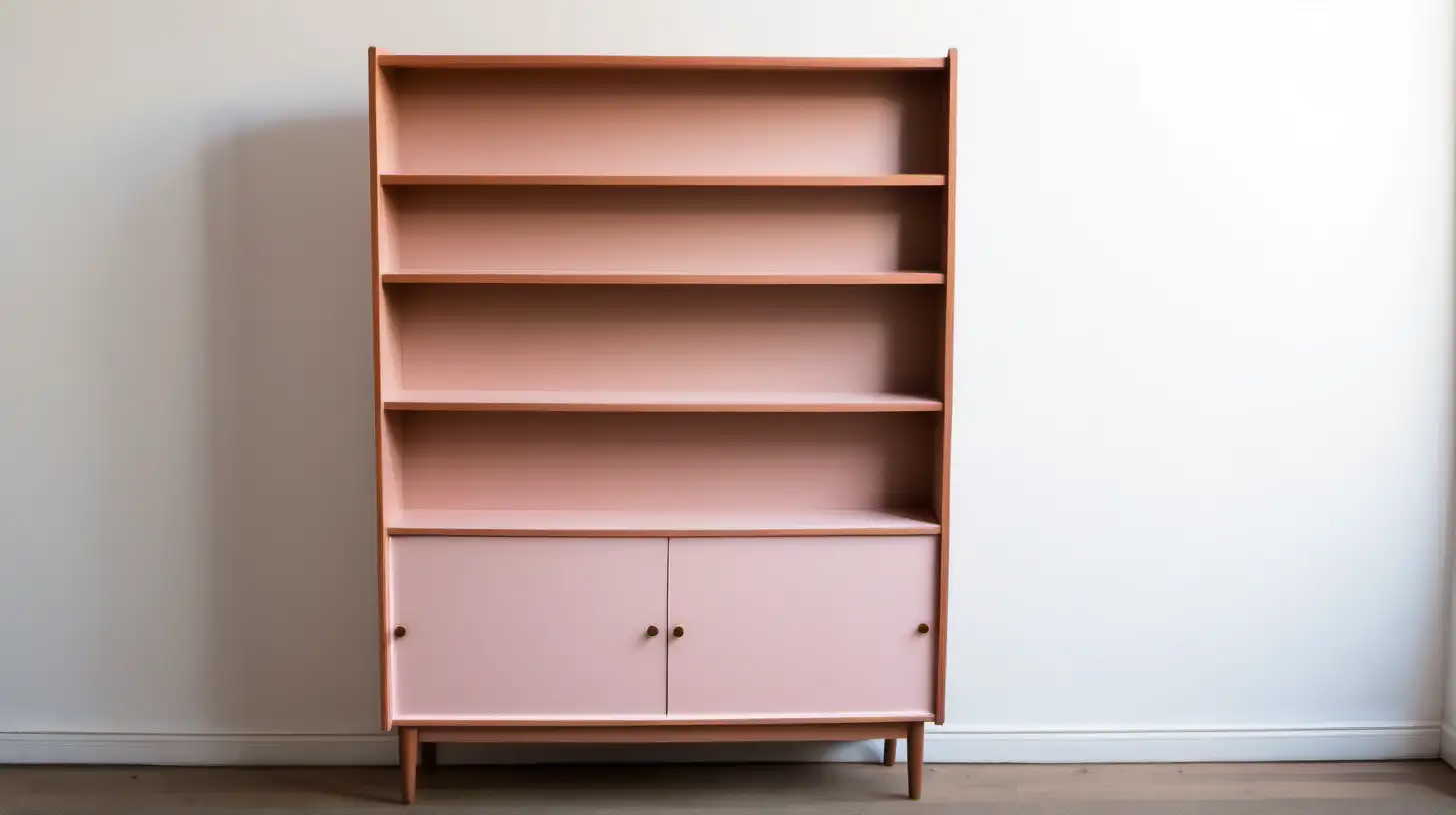 side view, tall light pink danish style bookshelf uncluttered with closed storage on bottom 