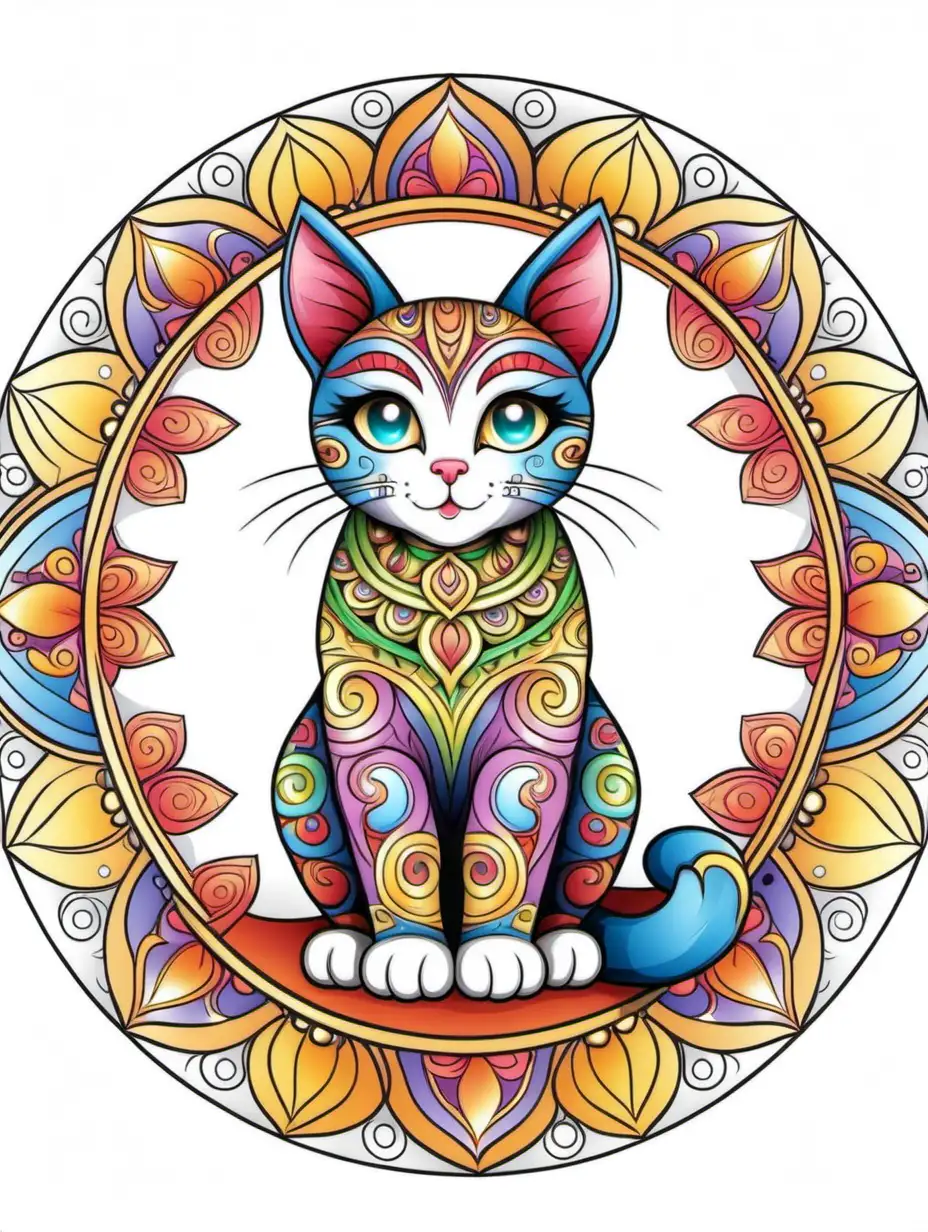 mandala cat, coloring book , 4-7 year old kids, fully colored, vector, HD