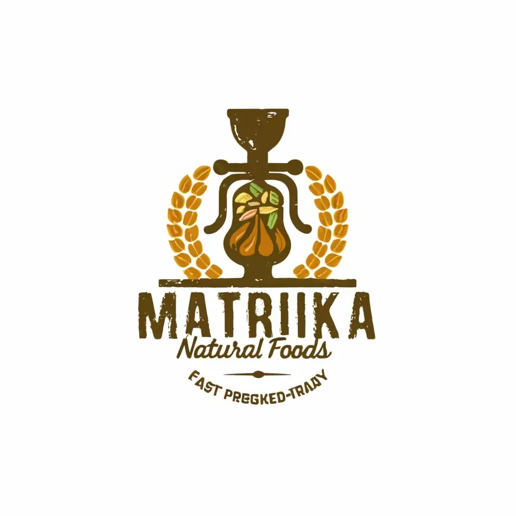 a logo design,with the text "matrika natural foods", main symbol:wood press oil, grains & flour, pulses,Minimalistic,clear background