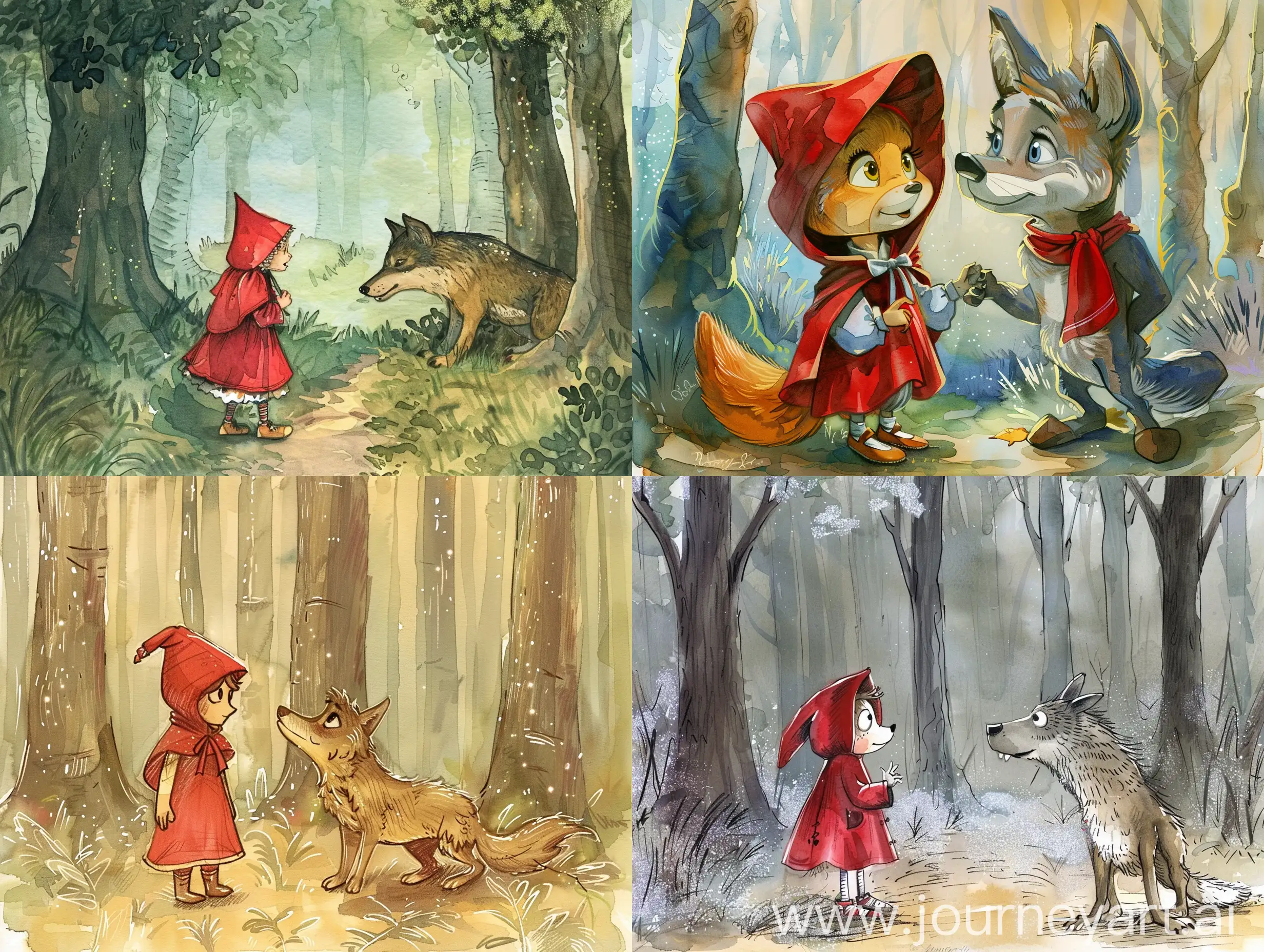 красная шапочка и волк, в лесу, cartoon, акварель, филигранность, прорисовка деталей, гиппердетализация, сказочно, красиво, fantasy, glitter