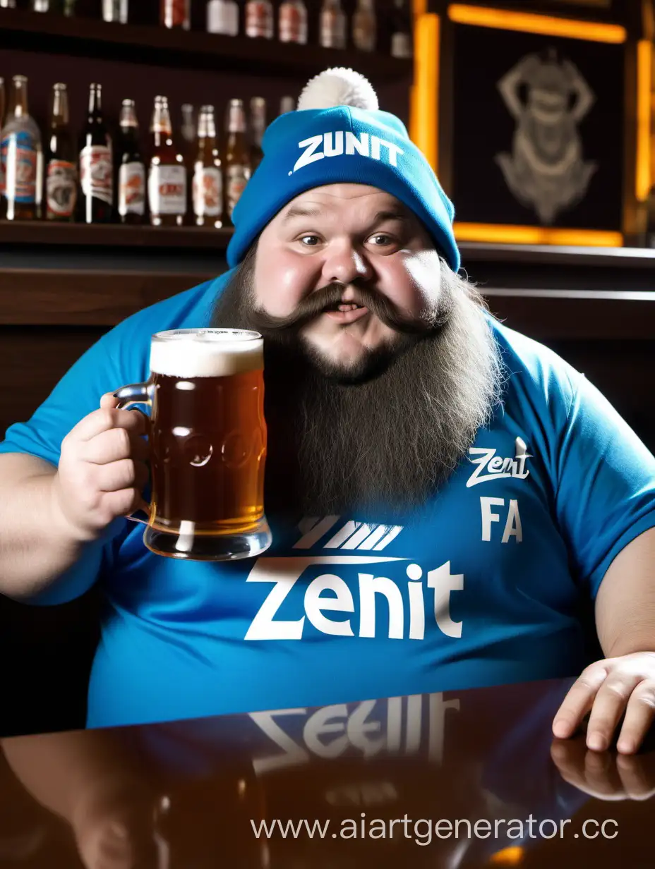 Полноватый Карлик без бороды в шапки фк зенит сидит в баре и пьет пиво из кружки гигантского размера 