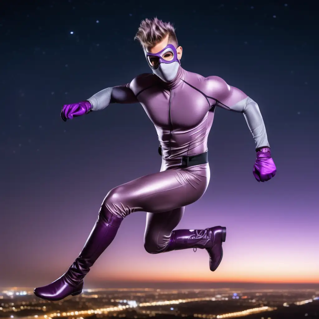 Night Sky Superhero in Sleek Gray and Purple Costume Soaring High