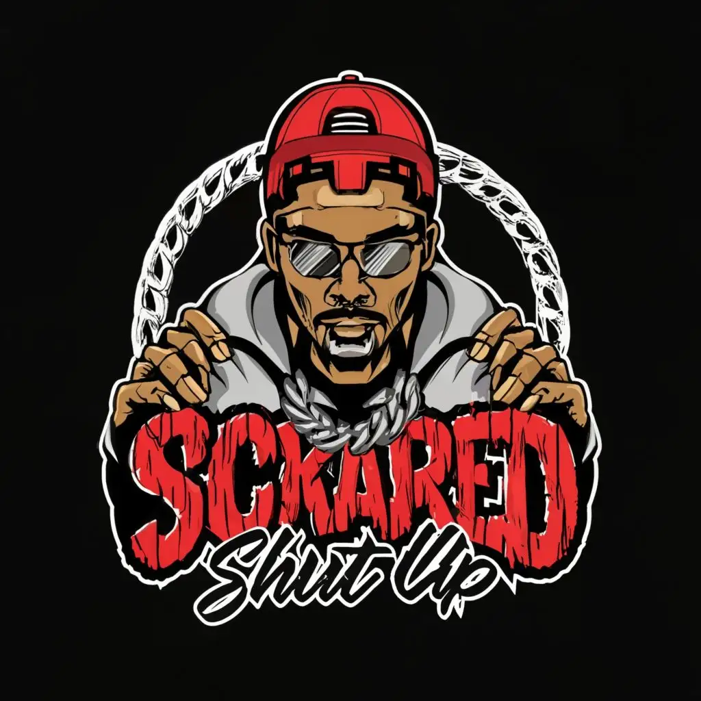 logo, An abstract character a rapper in a cap with chains and a hoodie, with the text "If you scared, shut up", typography, be used in Entertainment industry