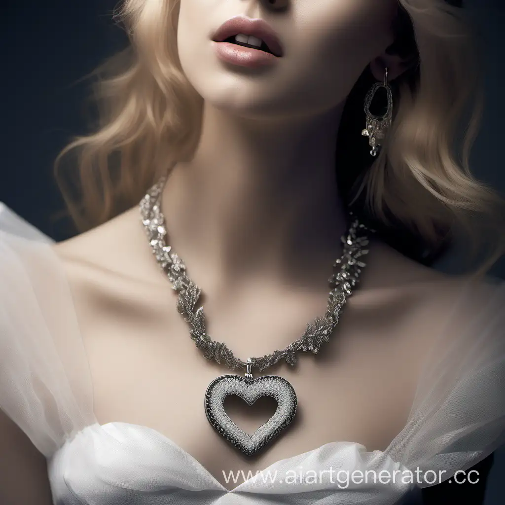 A photo taken shows a close-up of a young woman, wearing a short dress with tulle sequins decorated with a sweetheart neckline. The exquisite necklace perfectly blends female elegance and fashion. It consists of a delicate chain and a gorgeous heart-shaped pendant, showing a charming look. of charm and taste. Add an excellent visual focus to the neck, show the girl's personality and taste, and create a unique visual effect. Through the processing of light and details, the brightness and texture of the necklace are highlighted. Make sure that the girl's image and the necklace she designs complement each other, balancing and complementing each other. The final design is a real photo, and the final design should be stylish and impressive.